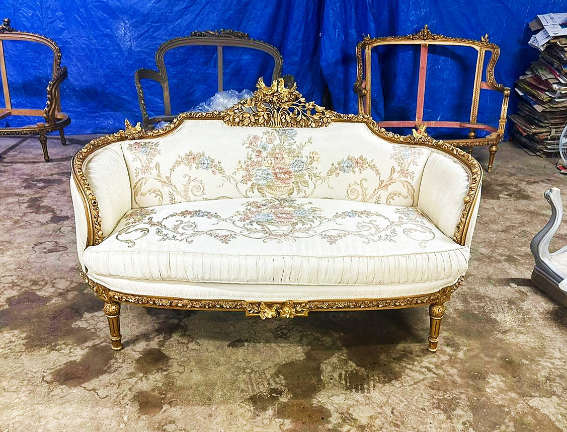 Baroque Style Antique White Sofa With Pillows and Gold Leaf Details