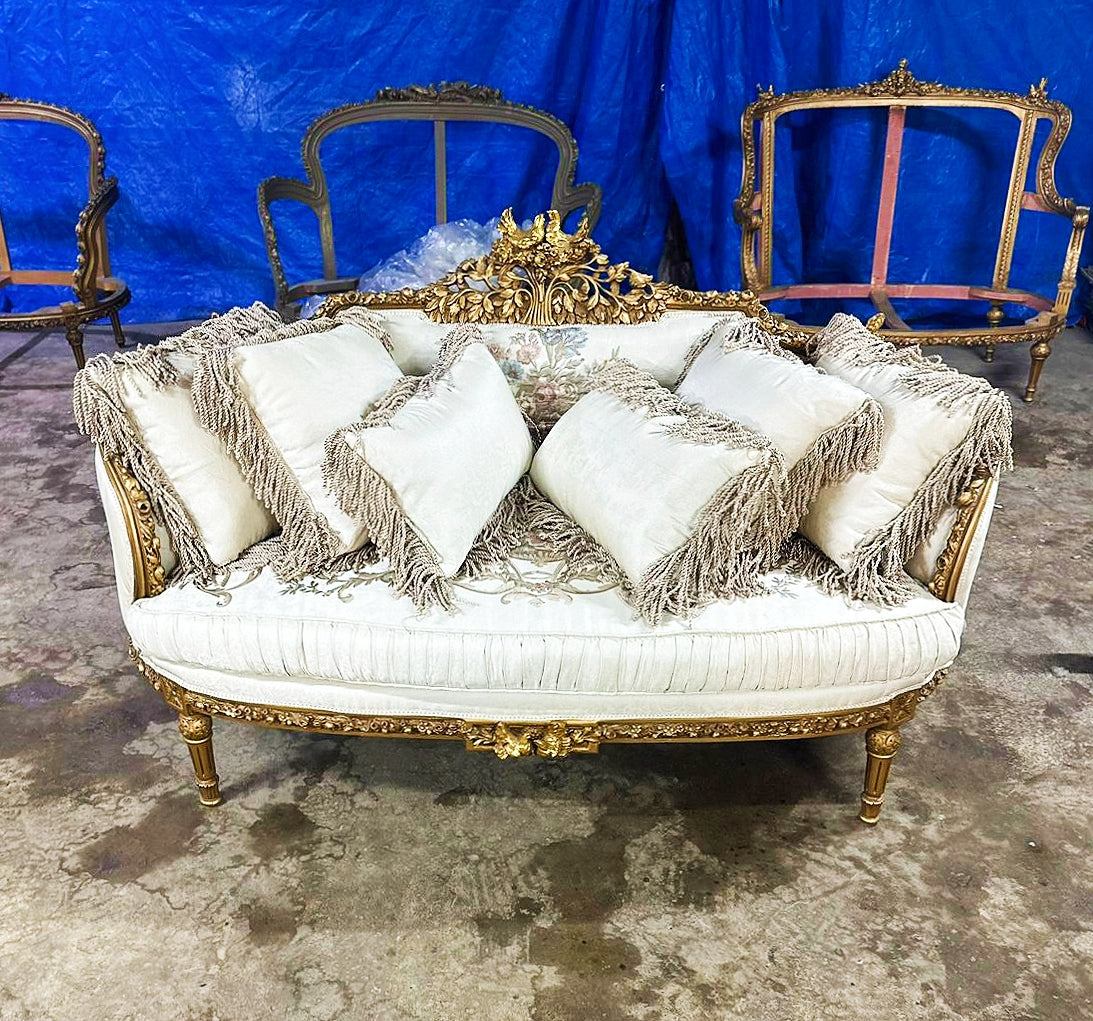 Baroque Style Antique White Sofa With Pillows and Gold Leaf Details