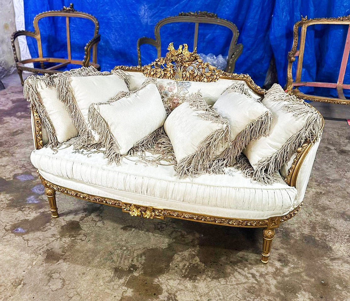 Baroque Style Antique White Sofa With Pillows and Gold Leaf Details