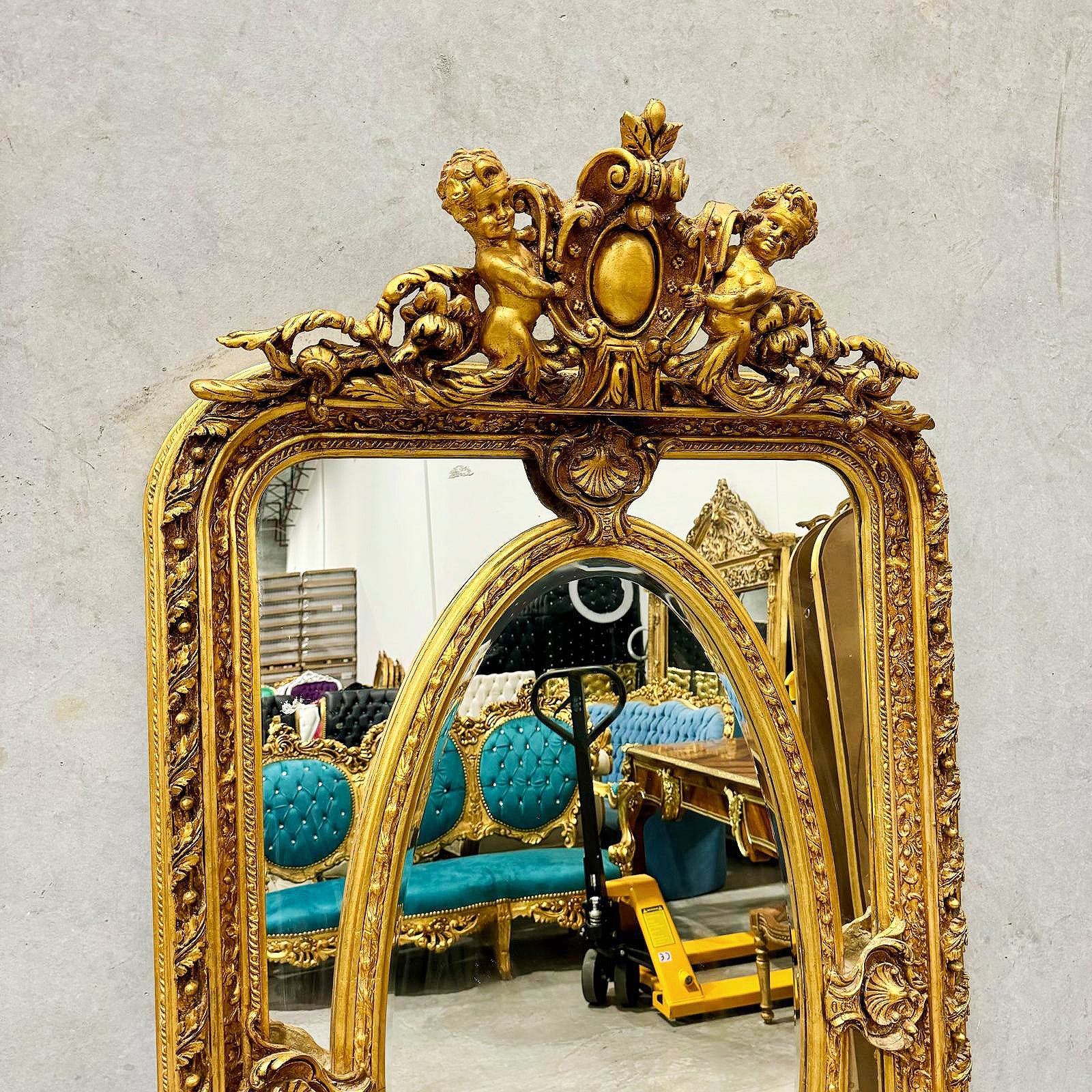 Antique-Style Rococo Floor Mirror – Gold Leaf Finish, Angel Accents