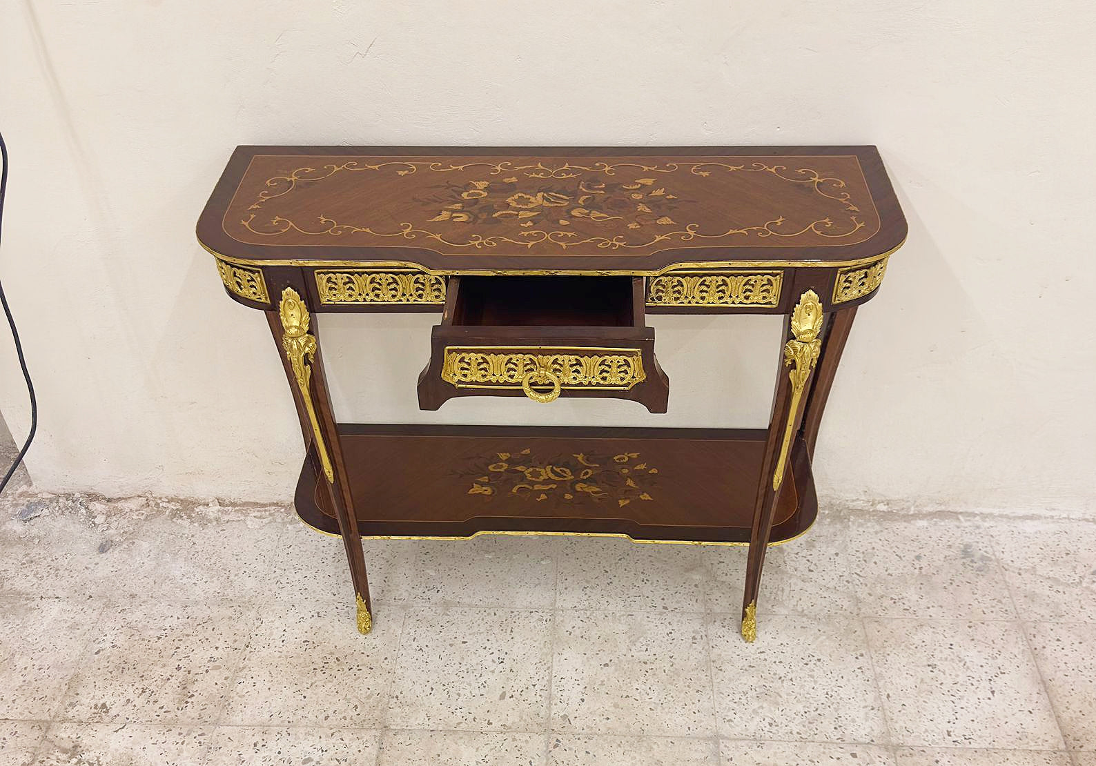 French Style Brown Wood Console Table Desk With Gold Details