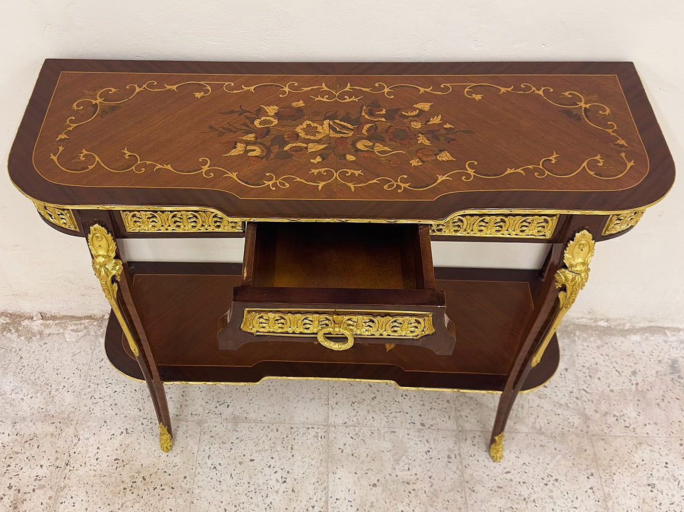 French Style Brown Wood Console Table Desk With Gold Details