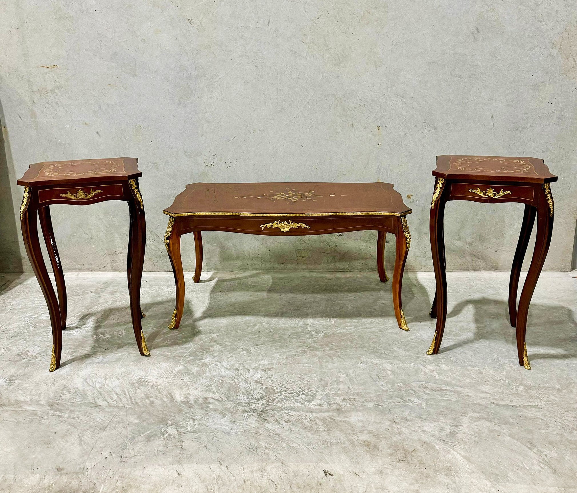 French Style Wooden Table Set (2 Side Tables and 1 Coffee Table) Gold Details