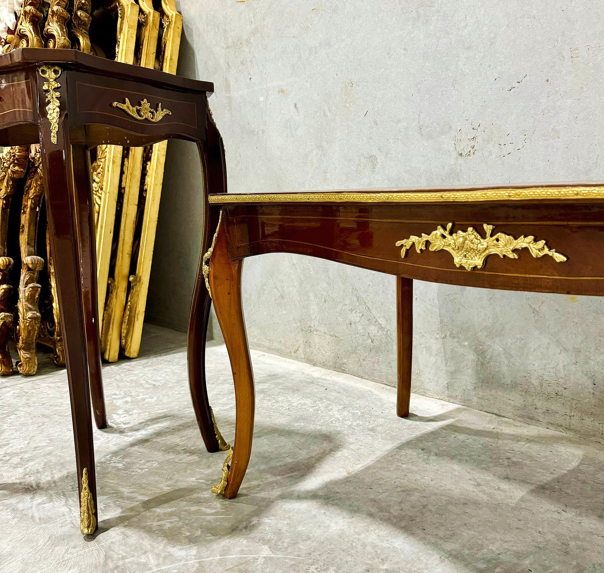 French Style Wooden Table Set (2 Side Tables and 1 Coffee Table) Gold Details