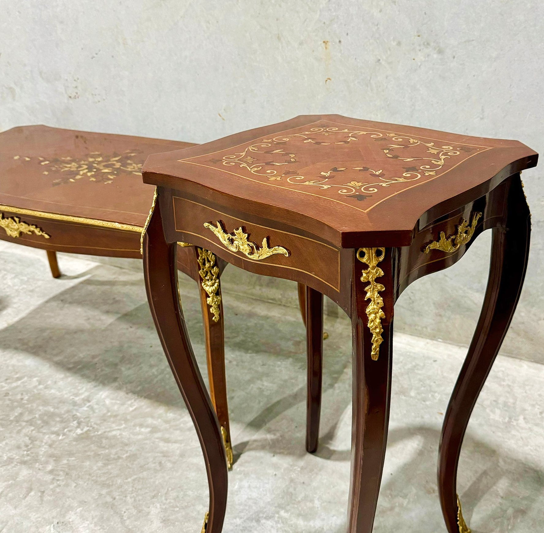 French Style Wooden Table Set (2 Side Tables and 1 Coffee Table) Gold Details