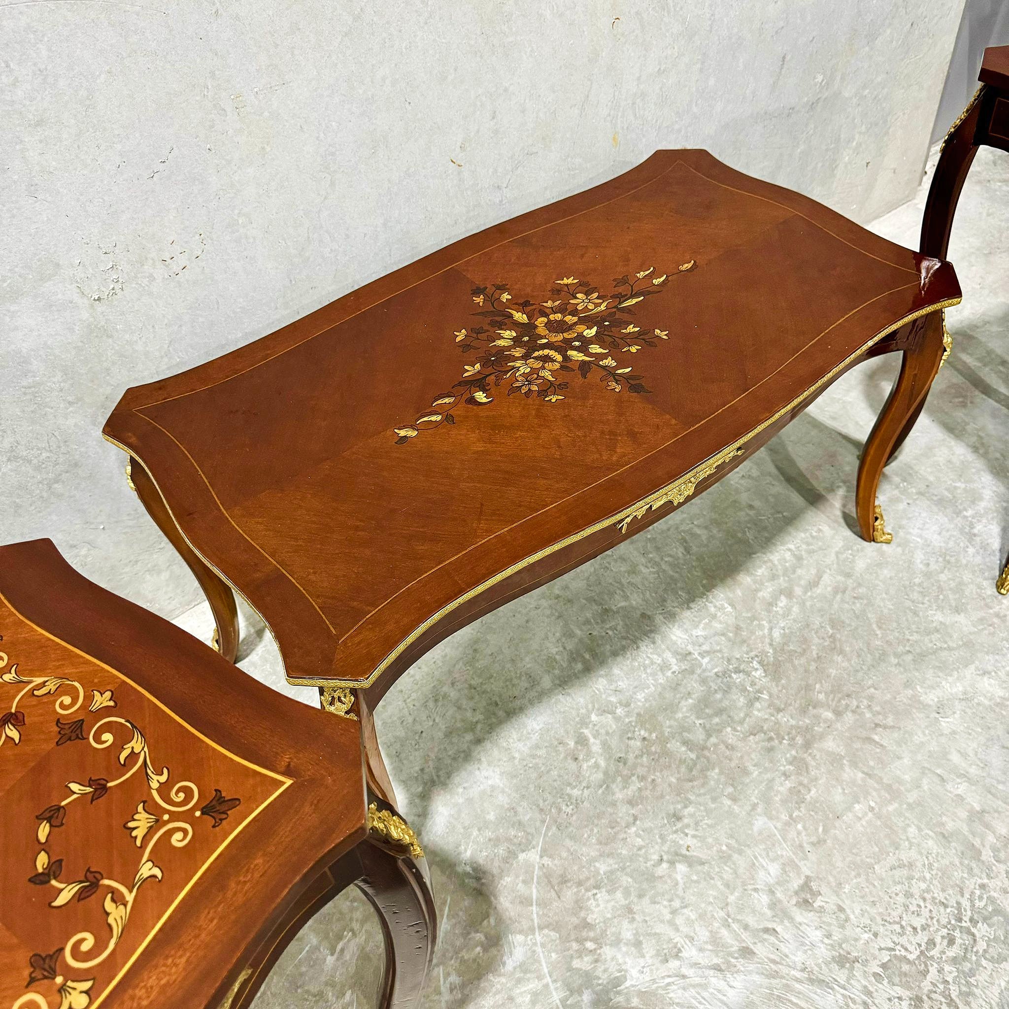 French Style Wooden Table Set (2 Side Tables and 1 Coffee Table) Gold Details
