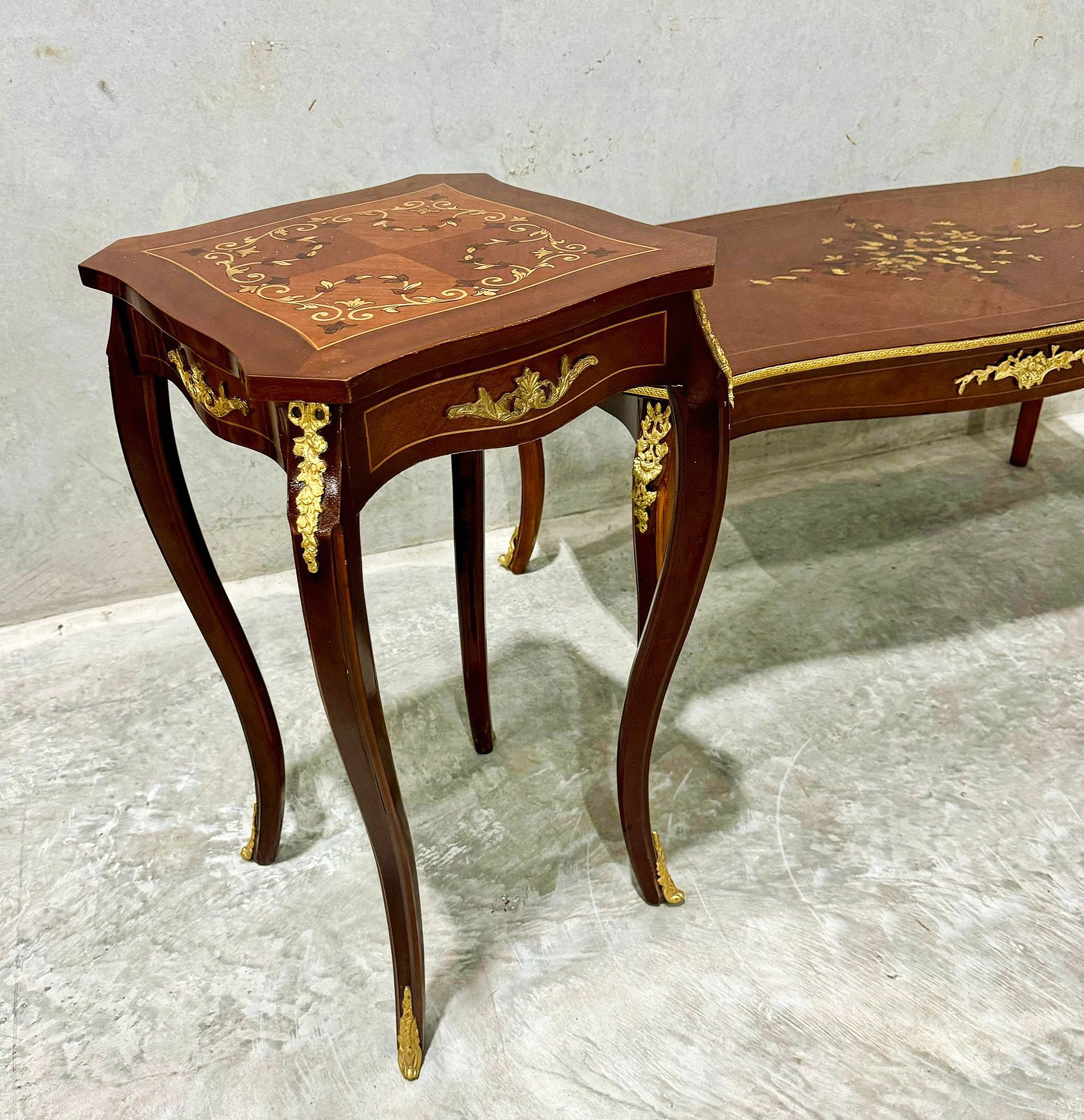 French Style Wooden Table Set (2 Side Tables and 1 Coffee Table) Gold Details