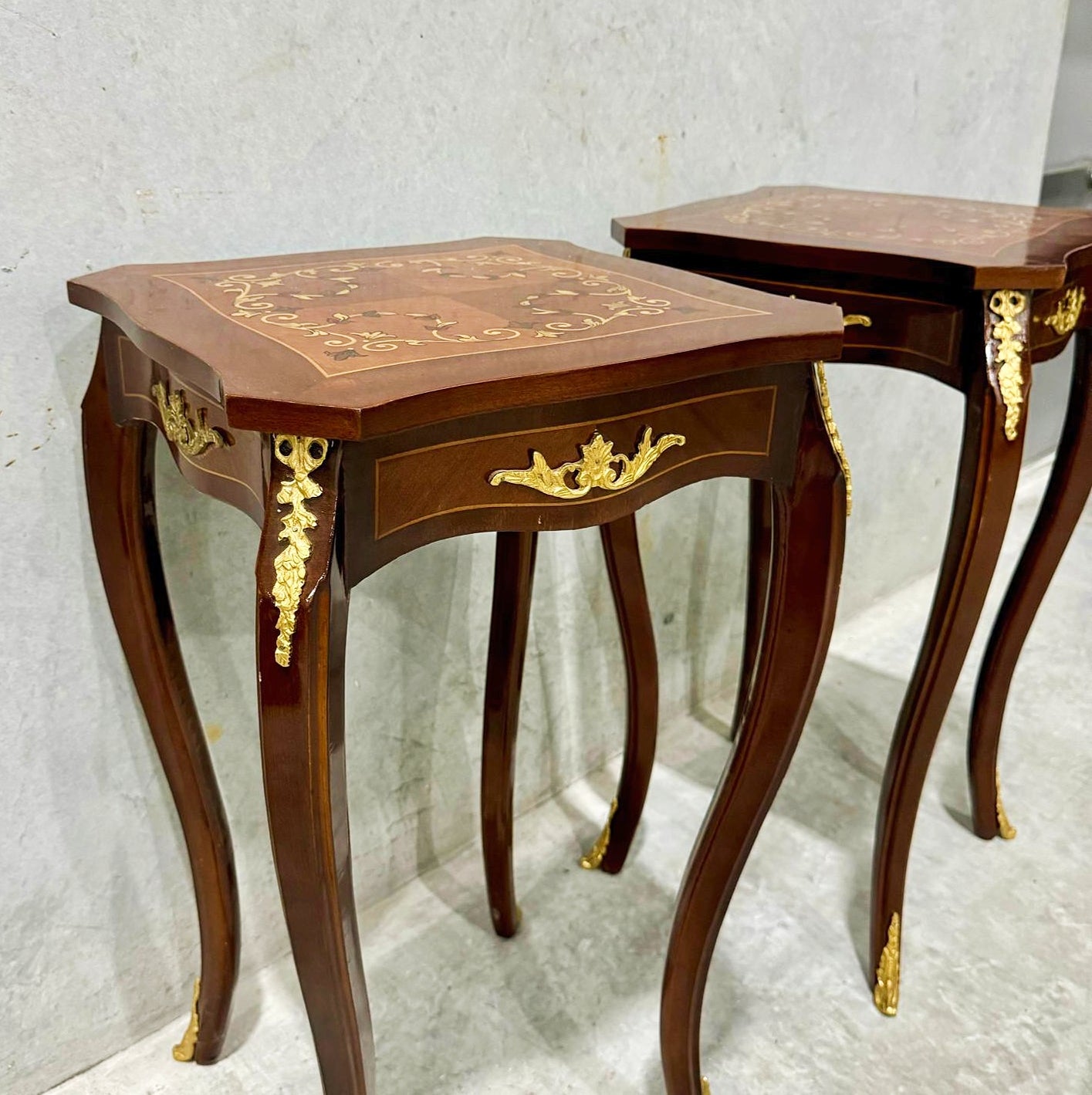 French Style Walnut Wood Louis XVI Small Side Table Gold Details