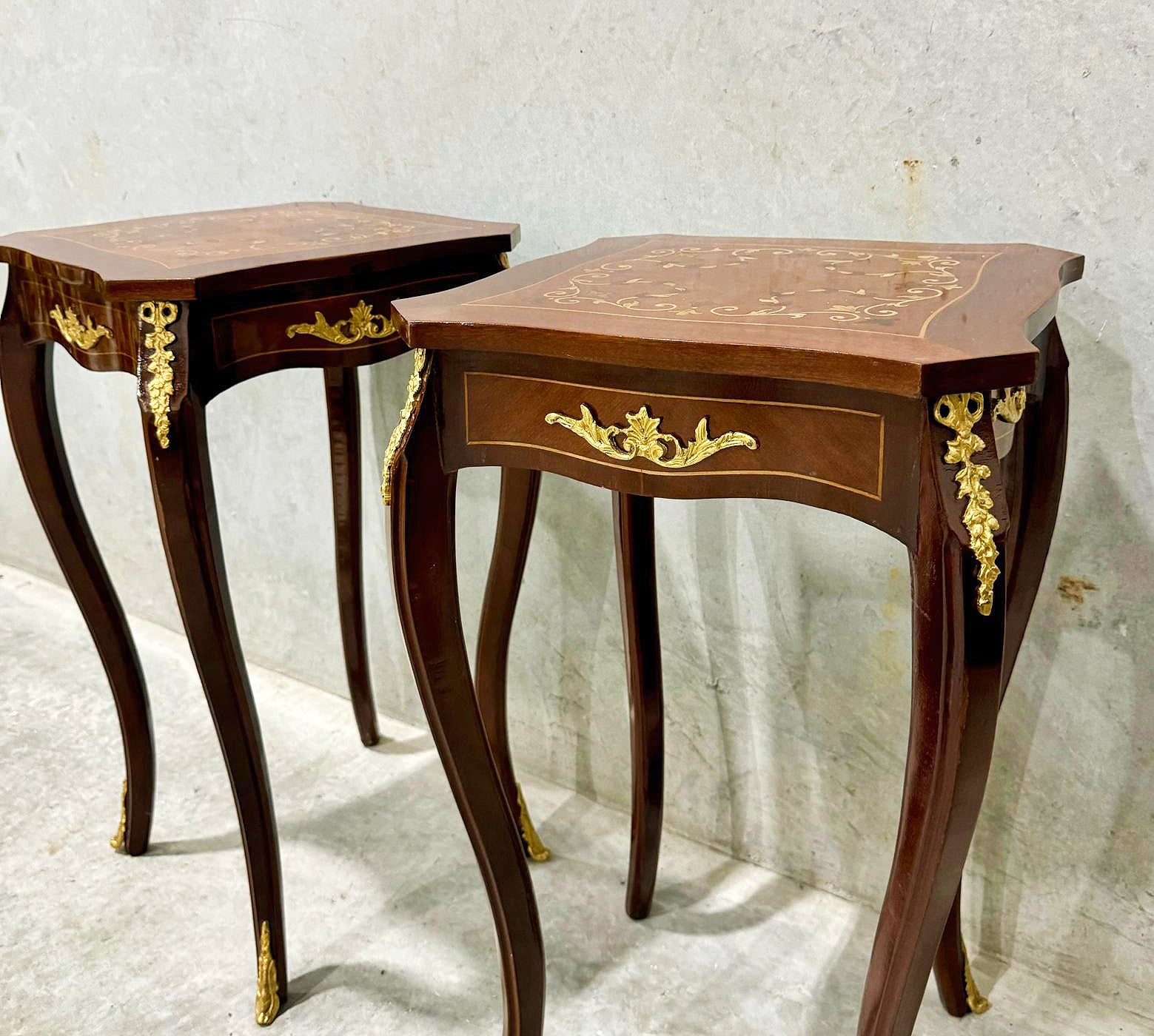 French Style Walnut Wood Louis XVI Small Side Table Gold Details