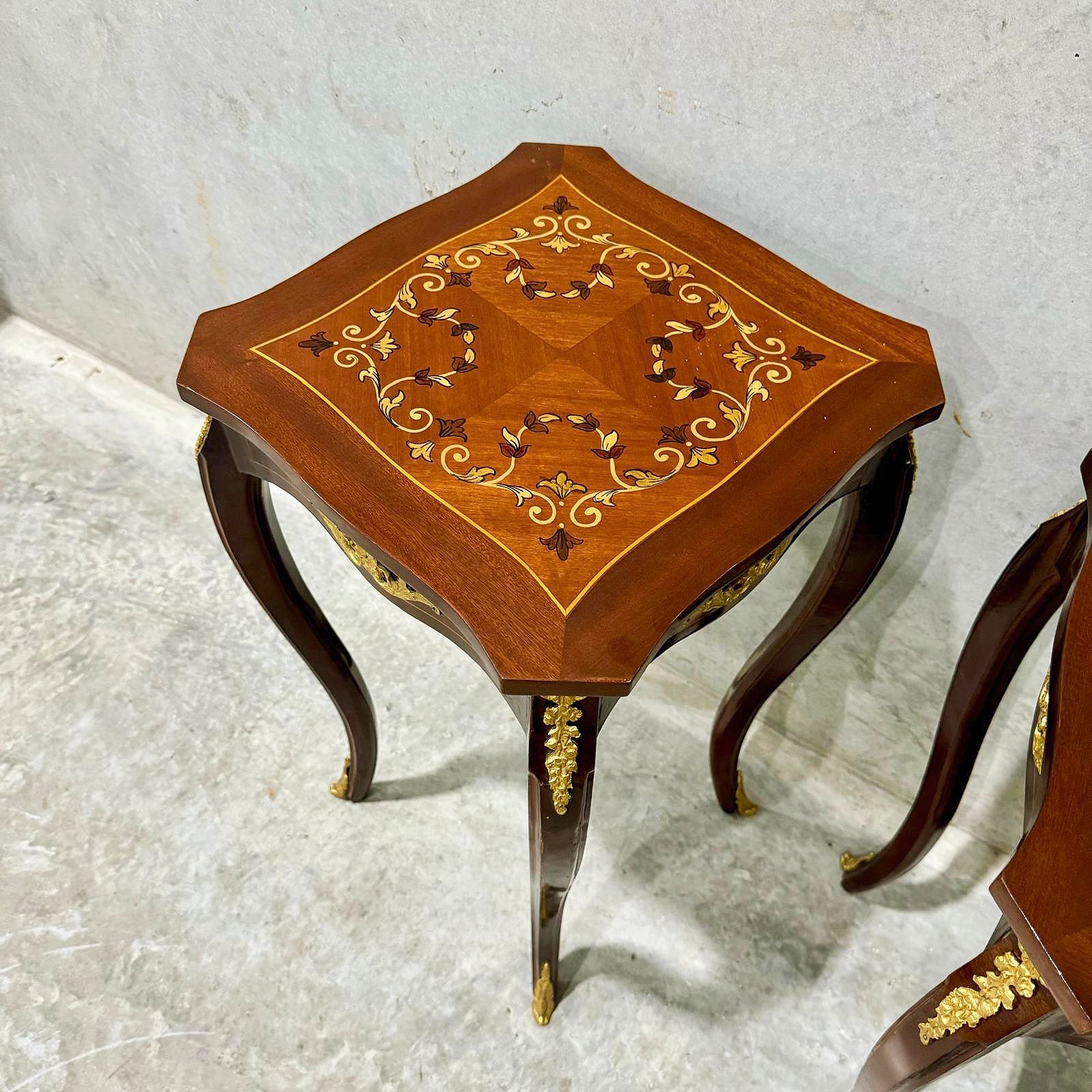 French Style Walnut Wood Louis XVI Small Side Table Gold Details