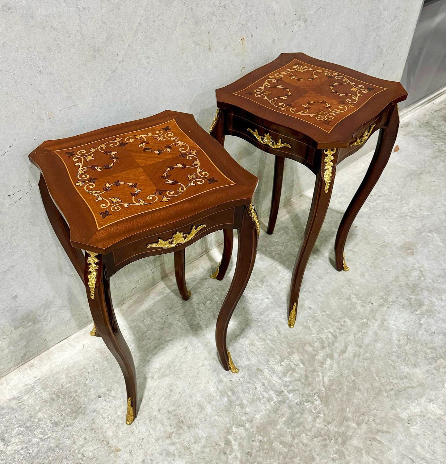 French Style Walnut Wood Louis XVI Small Side Table Gold Details