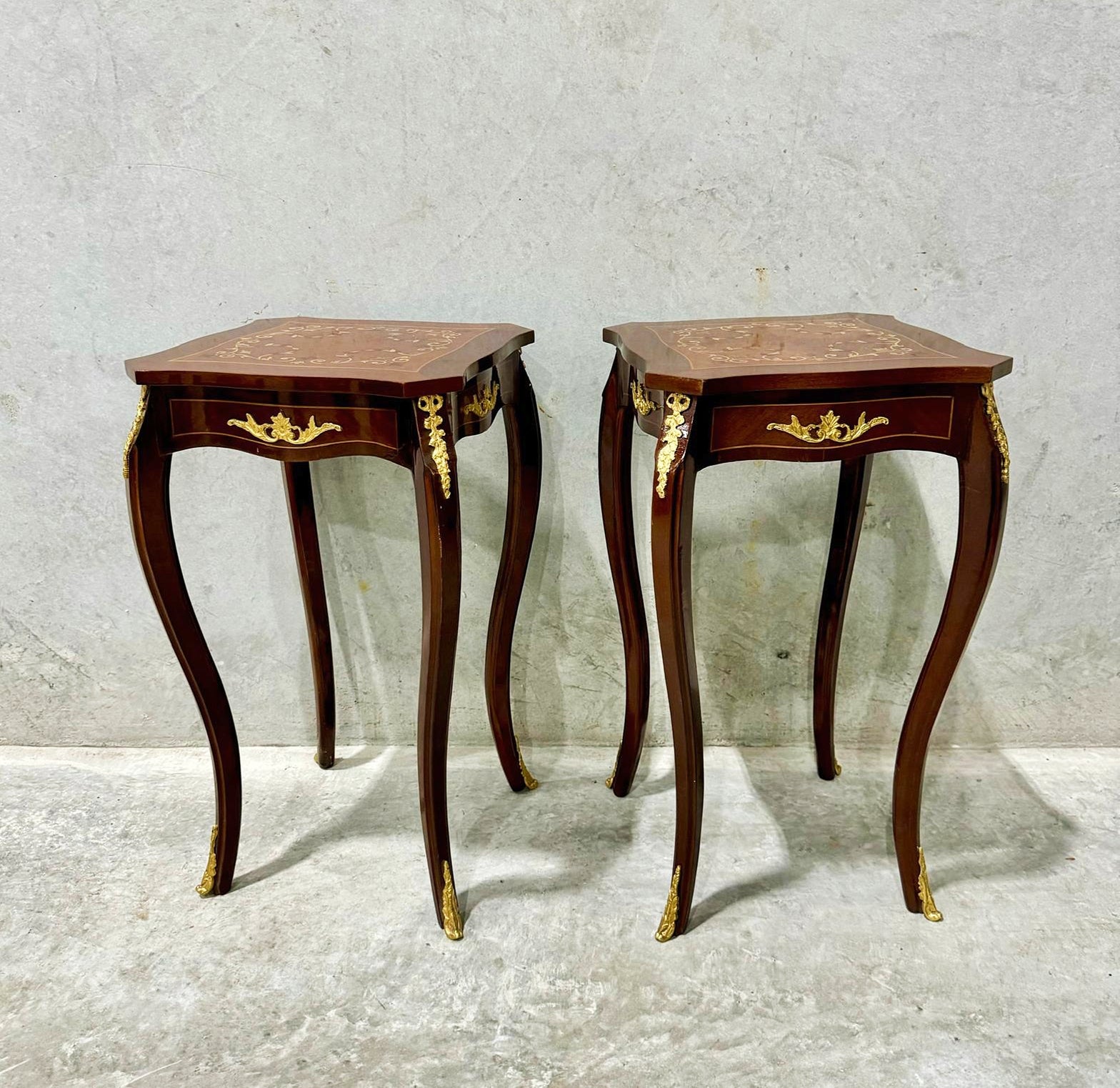 French Style Walnut Wood Louis XVI Small Side Table Gold Details