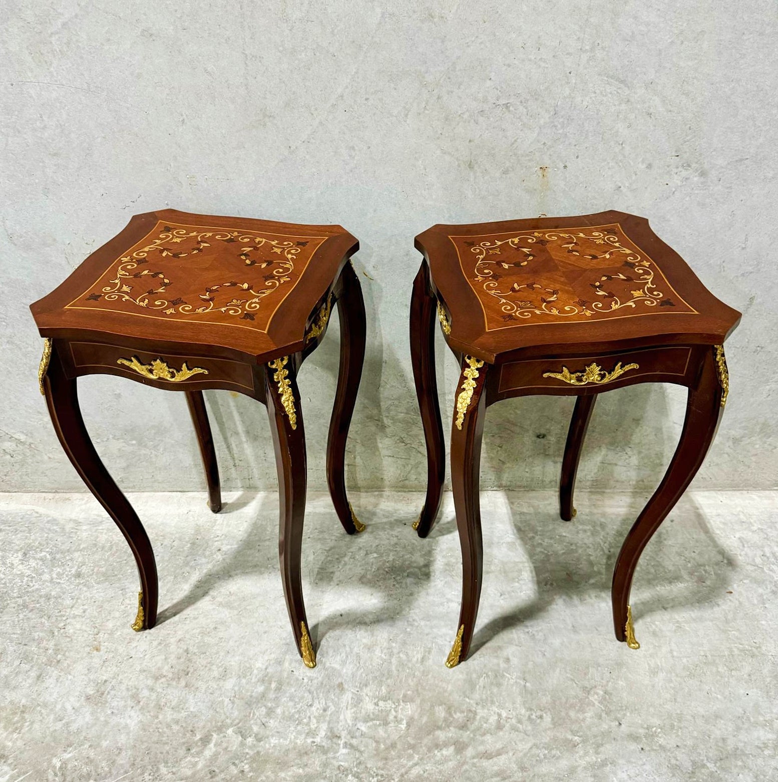 French Style Walnut Wood Louis XVI Small Side Table Gold Details
