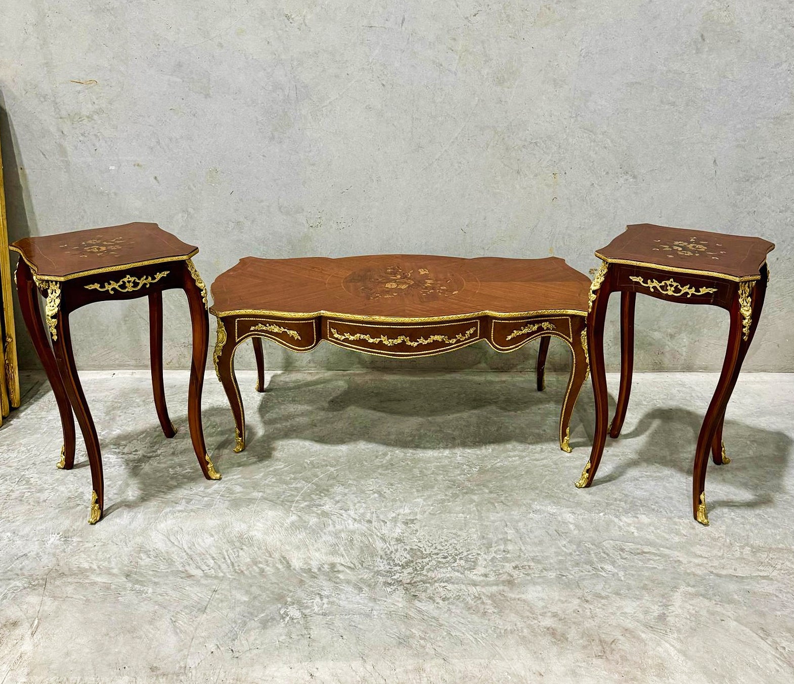 French Style Wooden Table Set (2 Side Tables and 1 Coffee Table) Bronze Details