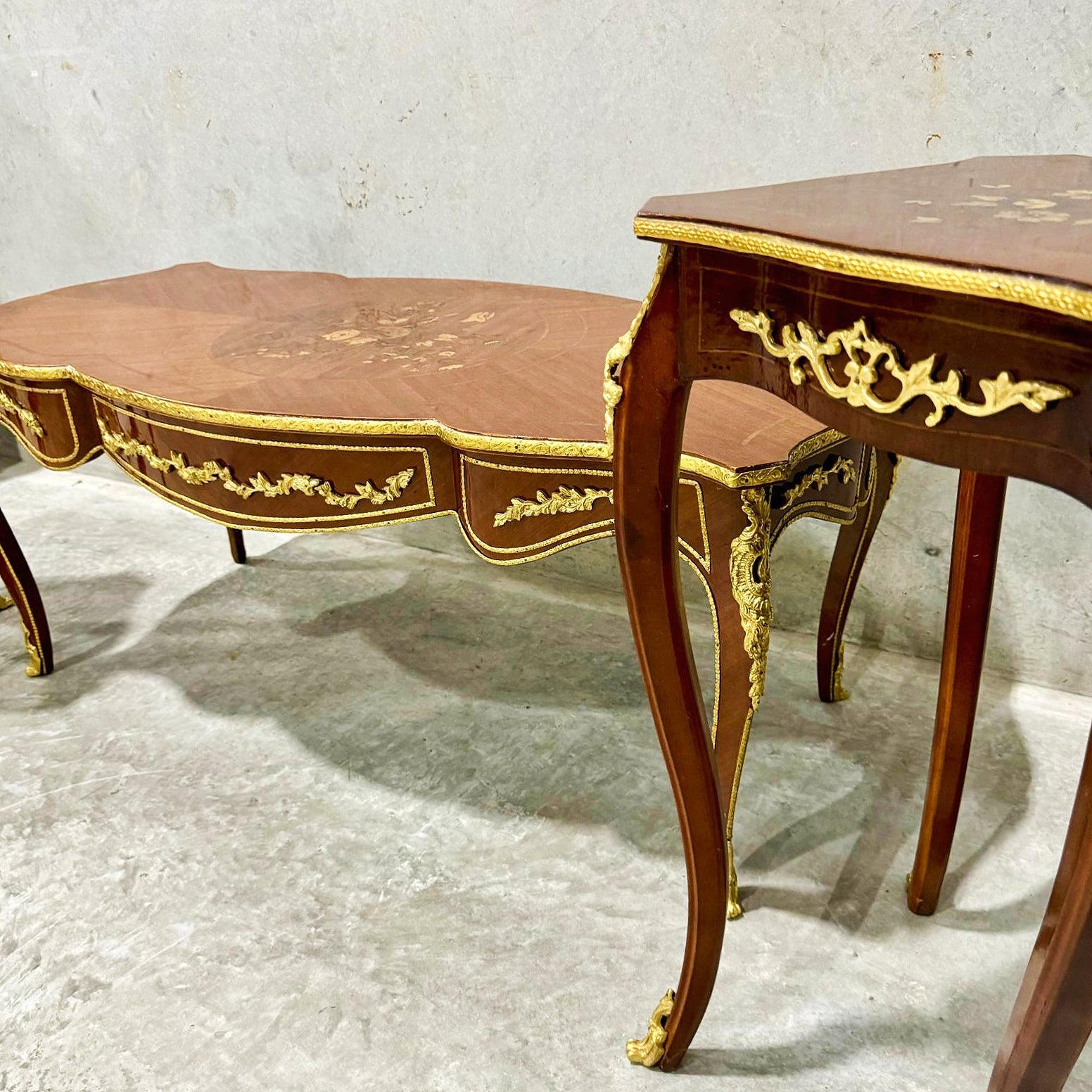 French Style Wooden Table Set (2 Side Tables and 1 Coffee Table) Bronze Details
