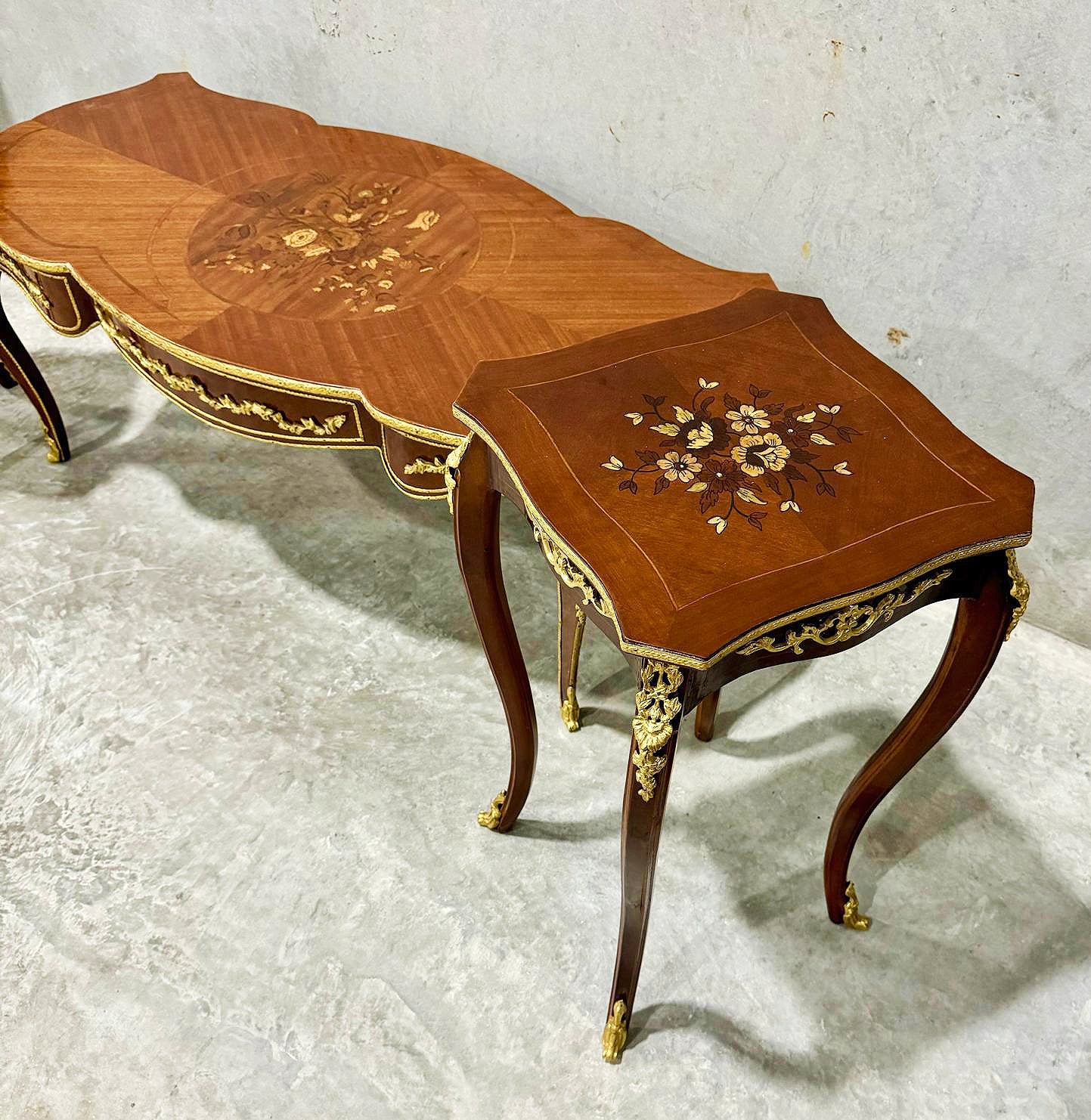 French Style Wooden Table Set (2 Side Tables and 1 Coffee Table) Bronze Details