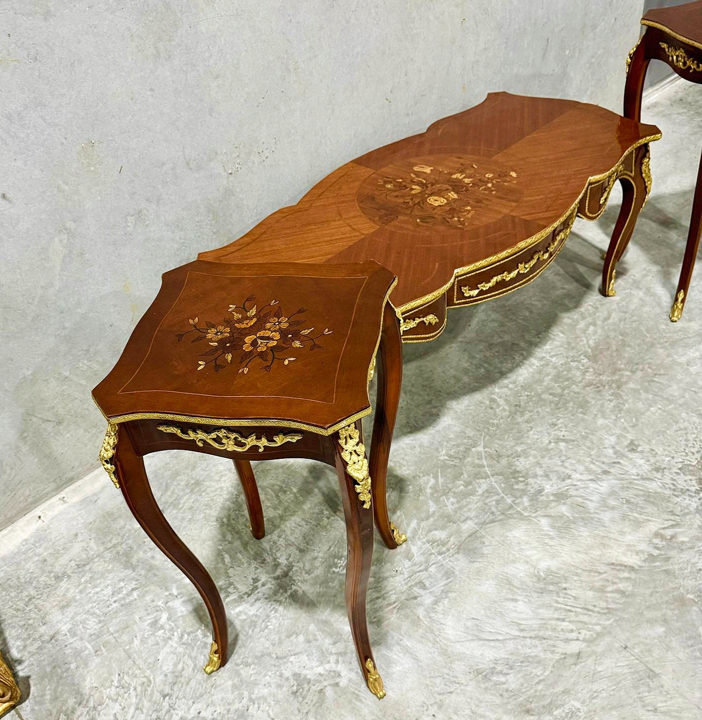 French Style Wooden Table Set (2 Side Tables and 1 Coffee Table) Bronze Details