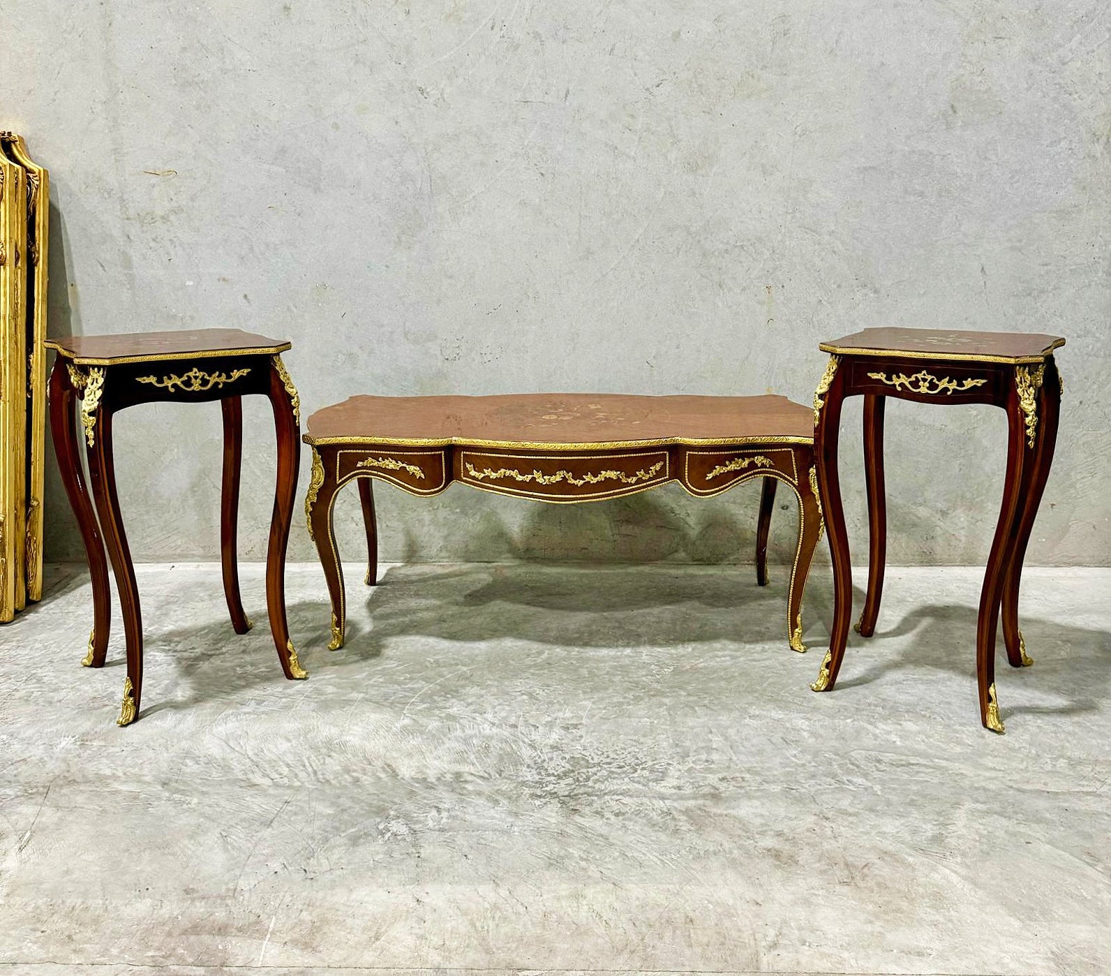 French Style Wooden Table Set (2 Side Tables and 1 Coffee Table) Bronze Details