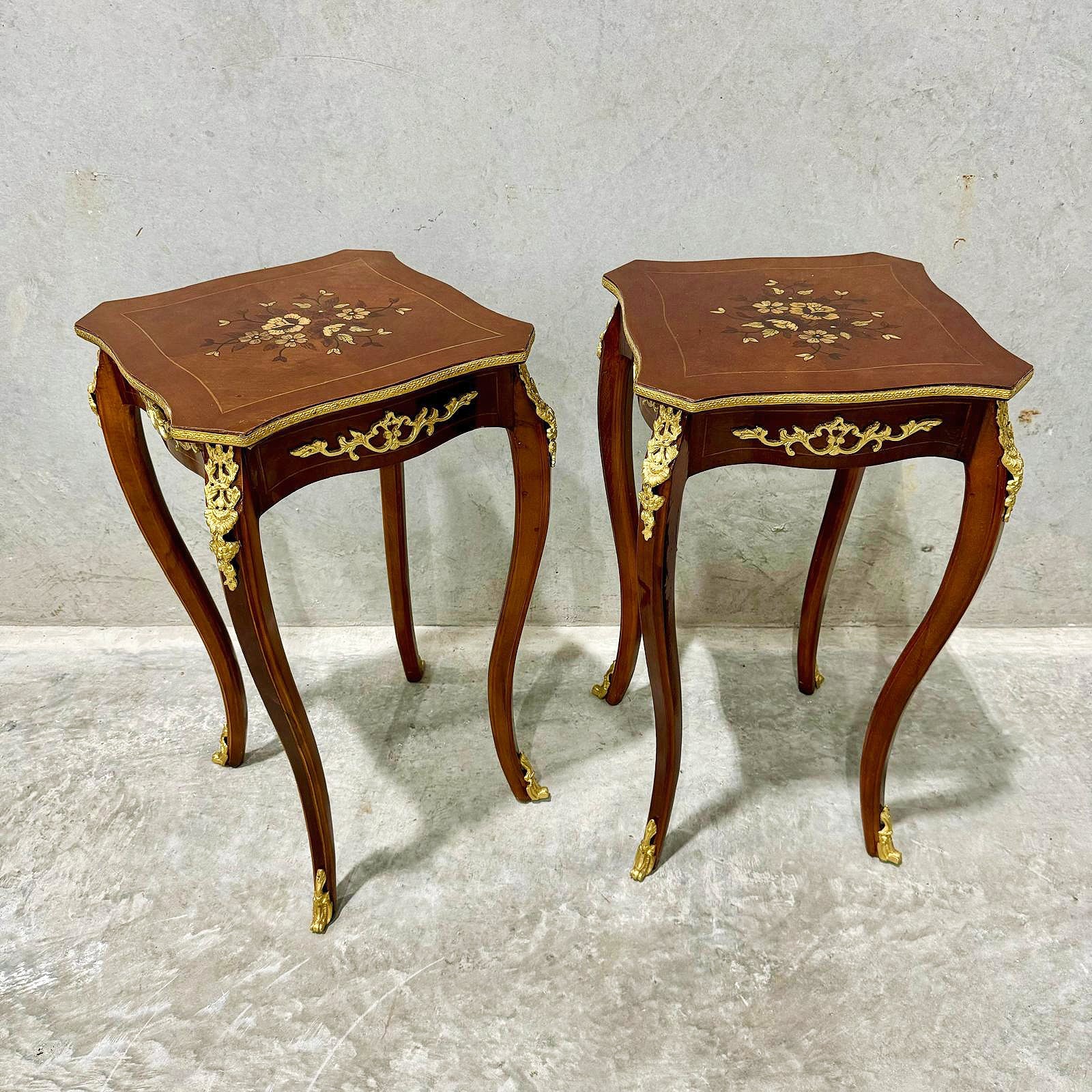 French Style Walnut Wood Louis XVI Small Side Table Bronze Details