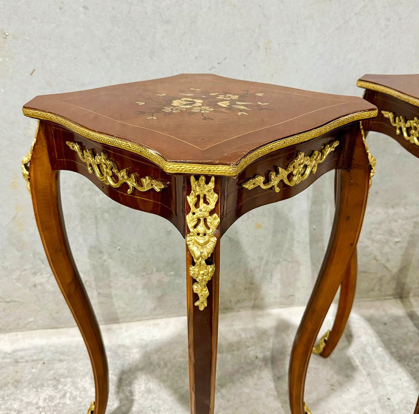 French Style Walnut Wood Louis XVI Small Side Table Bronze Details