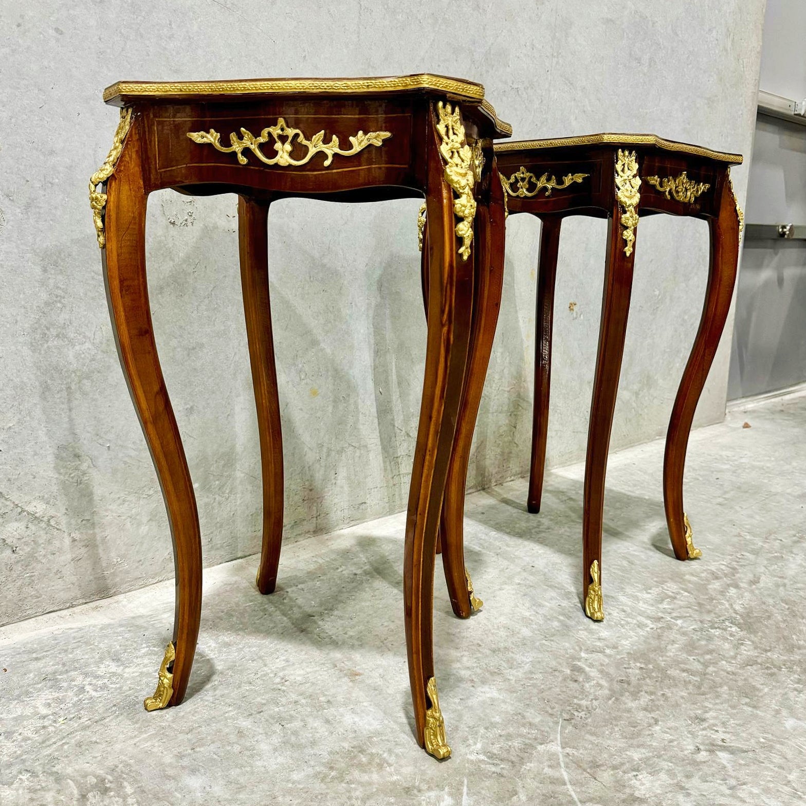 French Style Walnut Wood Louis XVI Small Side Table Bronze Details