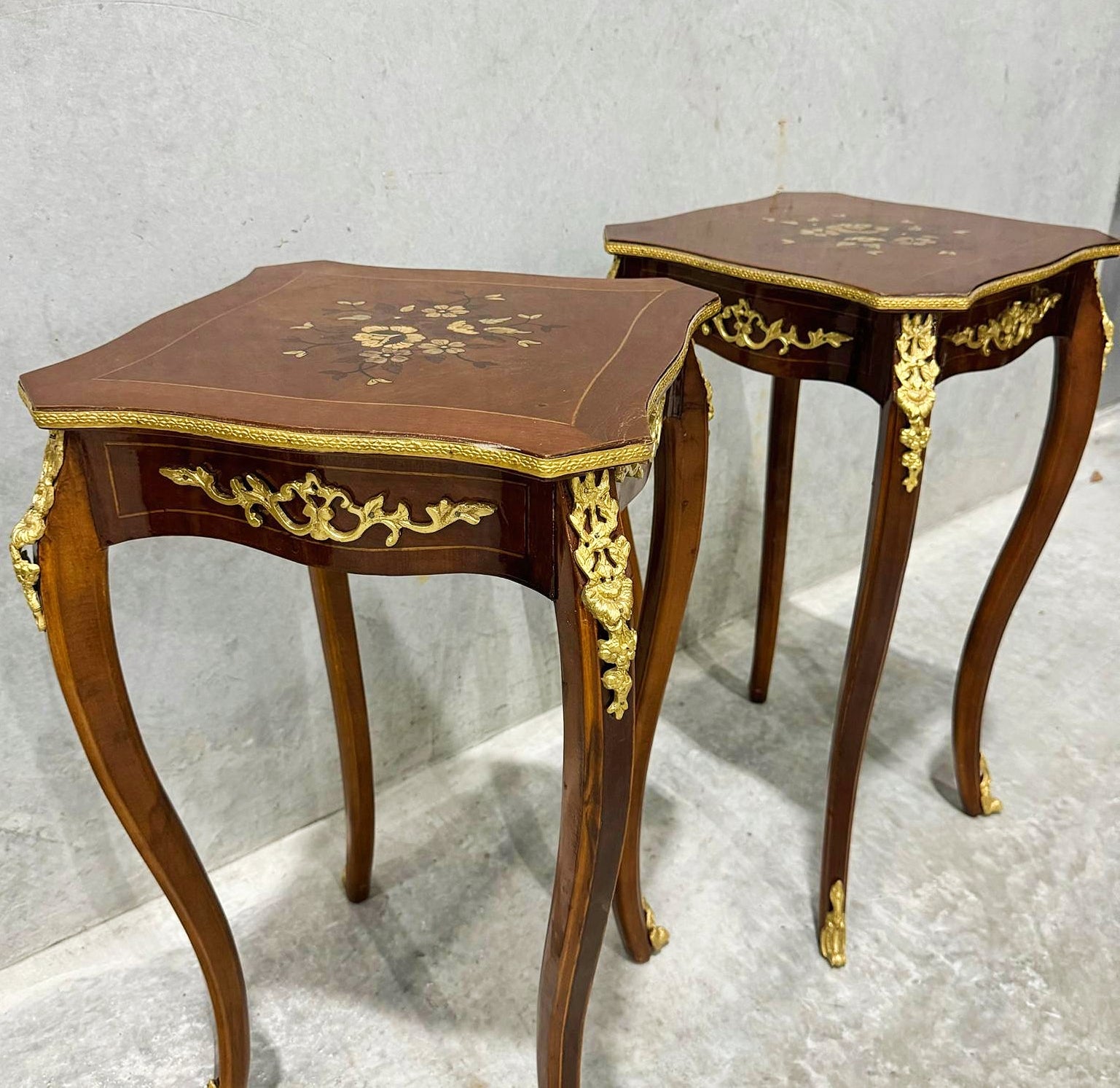 French Style Walnut Wood Louis XVI Small Side Table Bronze Details