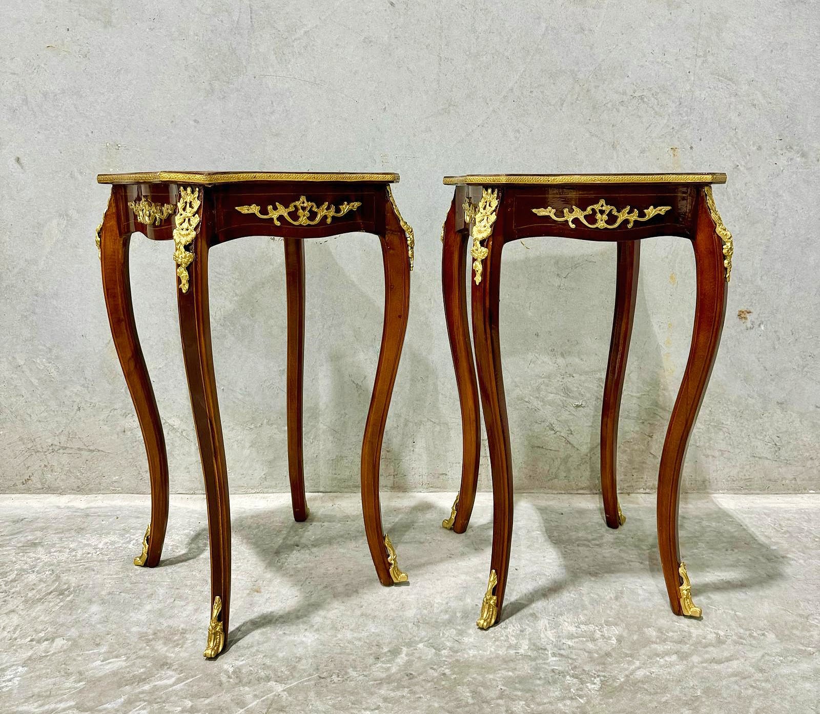 French Style Walnut Wood Louis XVI Small Side Table Bronze Details