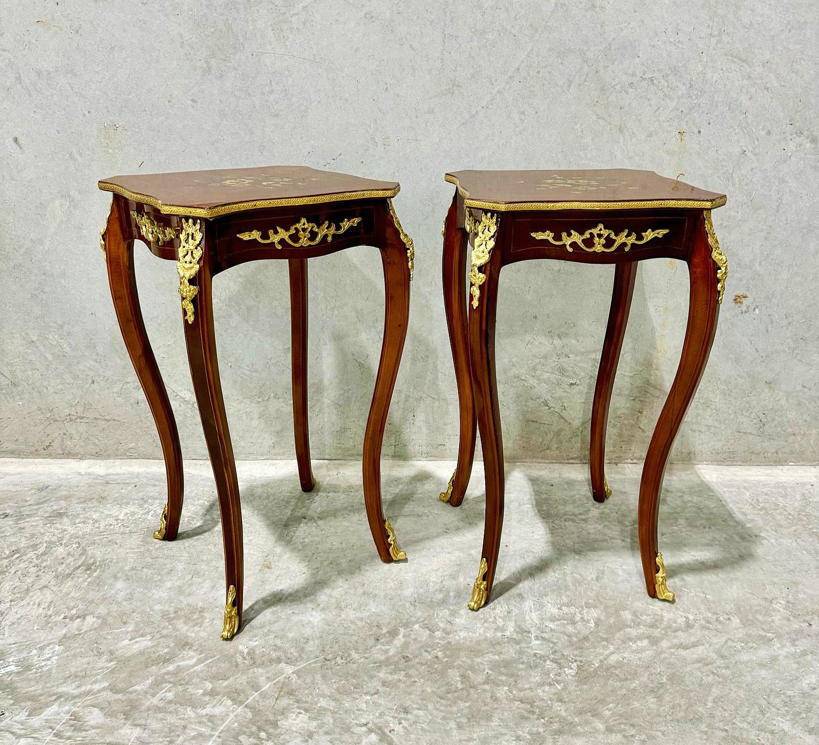 French Style Walnut Wood Louis XVI Small Side Table Bronze Details