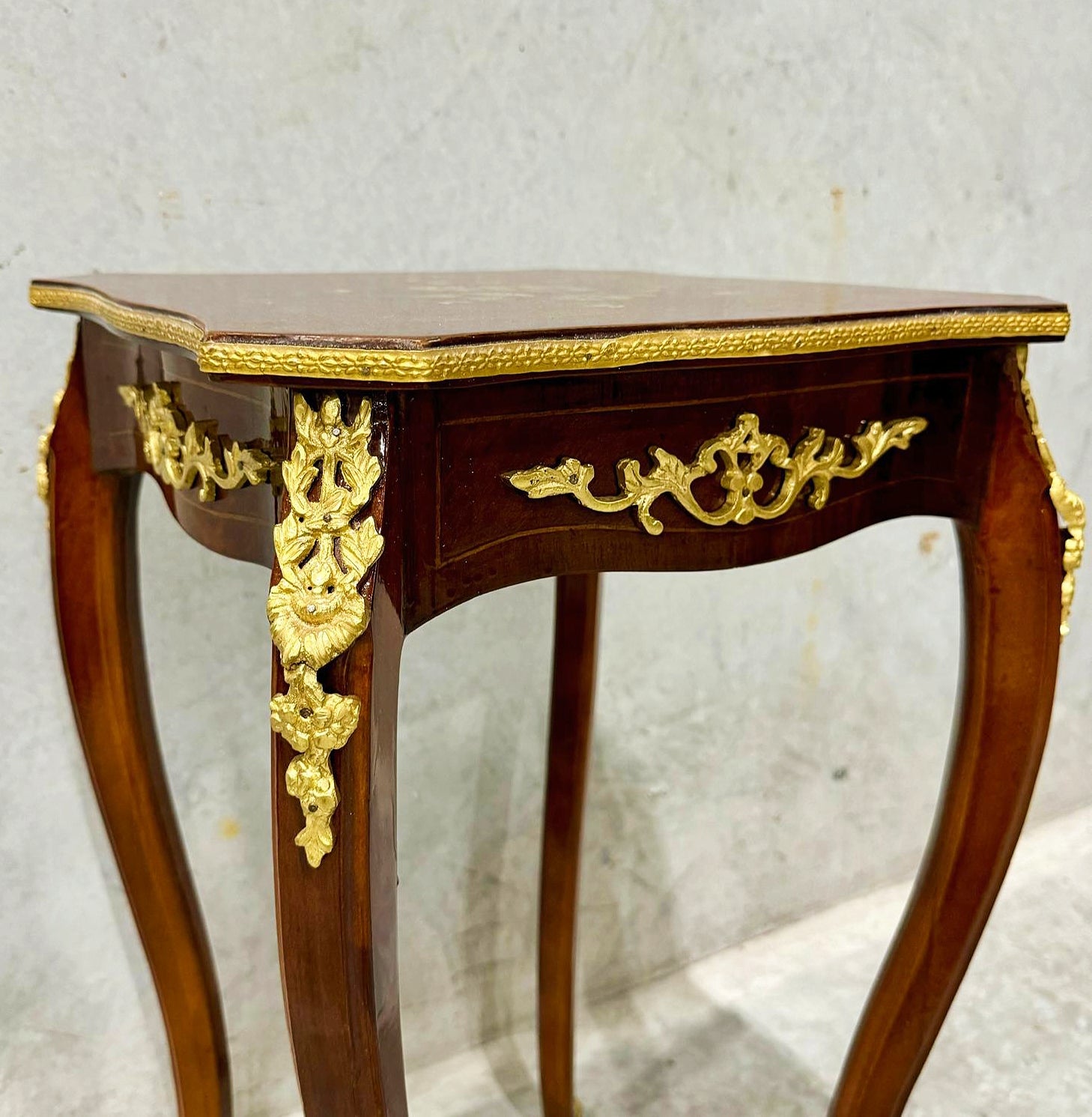French Style Walnut Wood Louis XVI Small Side Table Bronze Details
