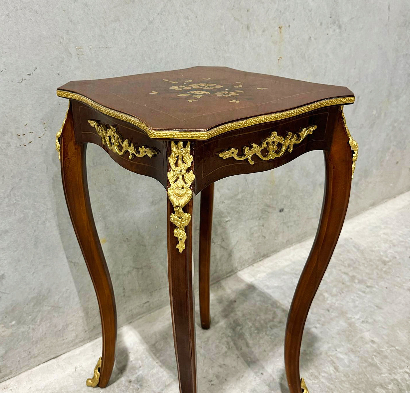 French Style Walnut Wood Louis XVI Small Side Table Bronze Details