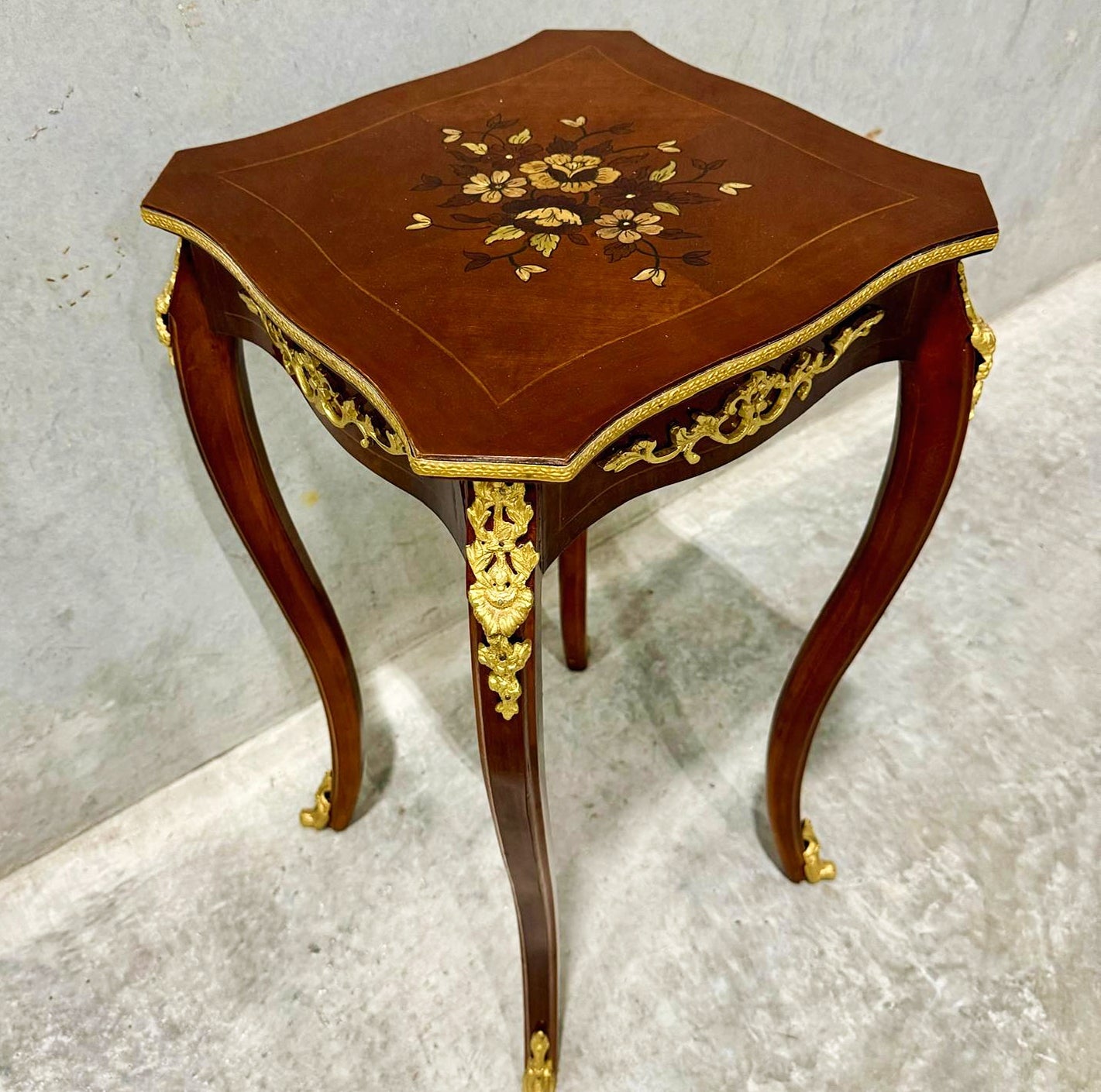 French Style Walnut Wood Louis XVI Small Side Table Bronze Details