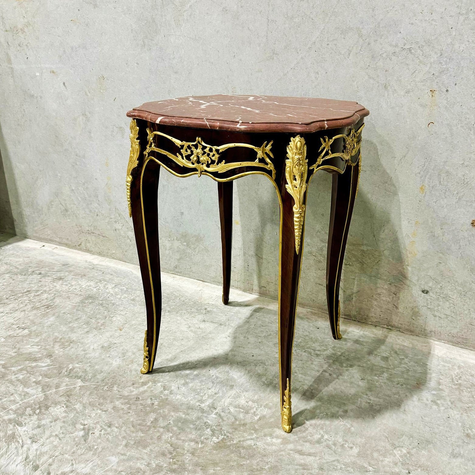 French Style Walnut Wood Louis XVI Small Side Table Marble Topped