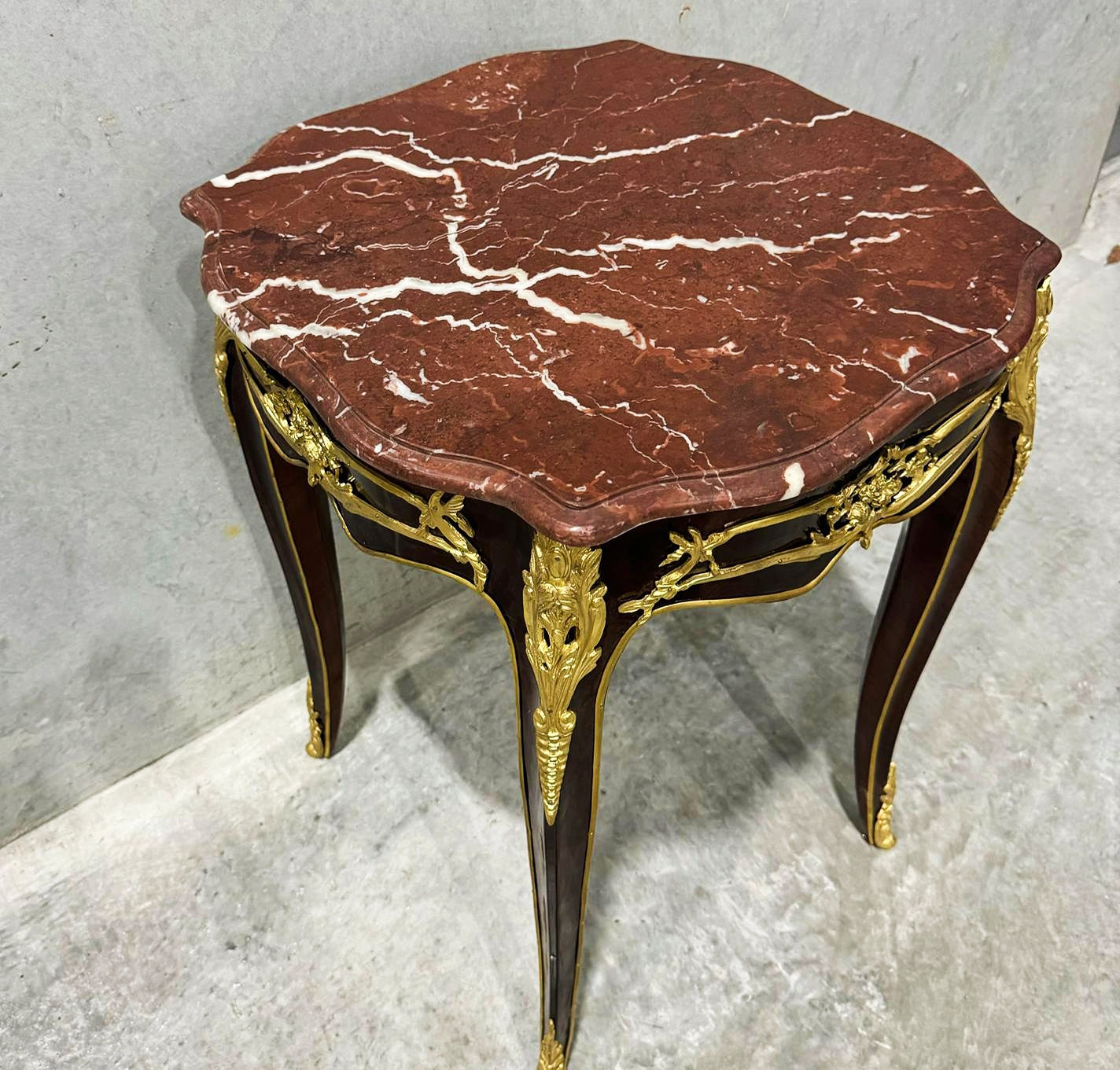 French Style Walnut Wood Louis XVI Small Side Table Marble Topped
