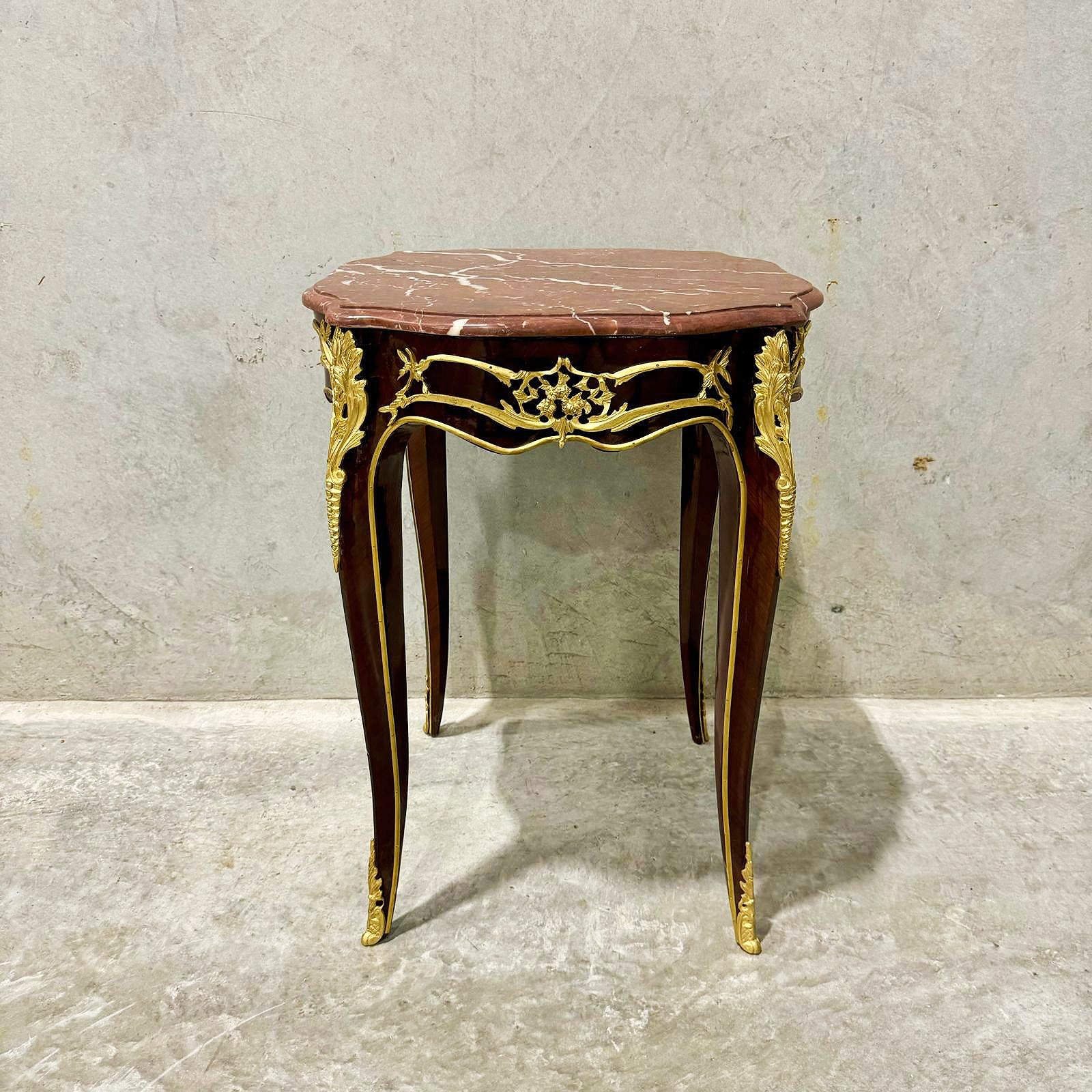 French Style Walnut Wood Louis XVI Small Side Table Marble Topped