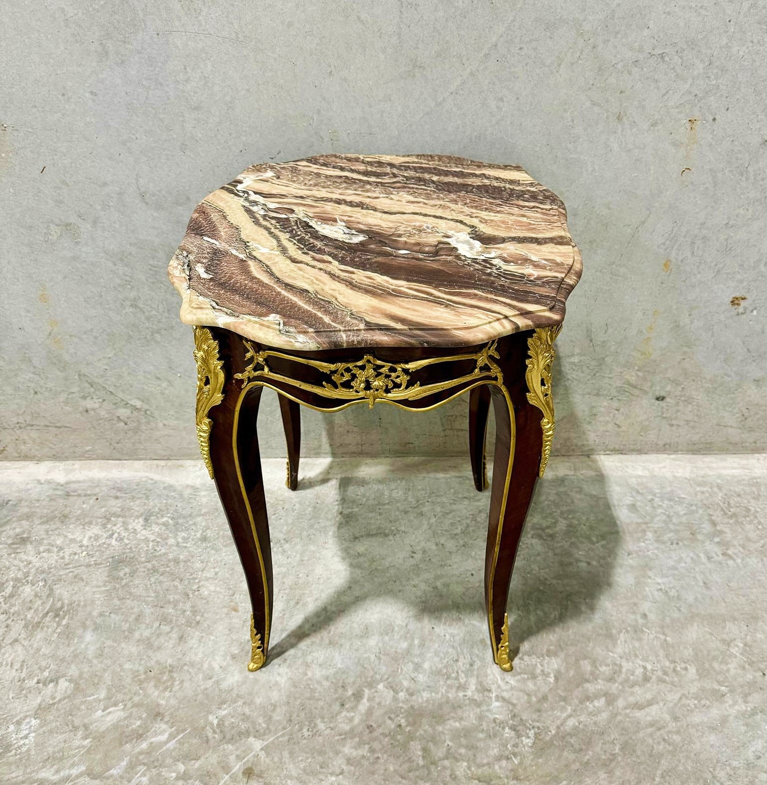 French Style Walnut Wood Louis XVI Small Side Table Marble Topped