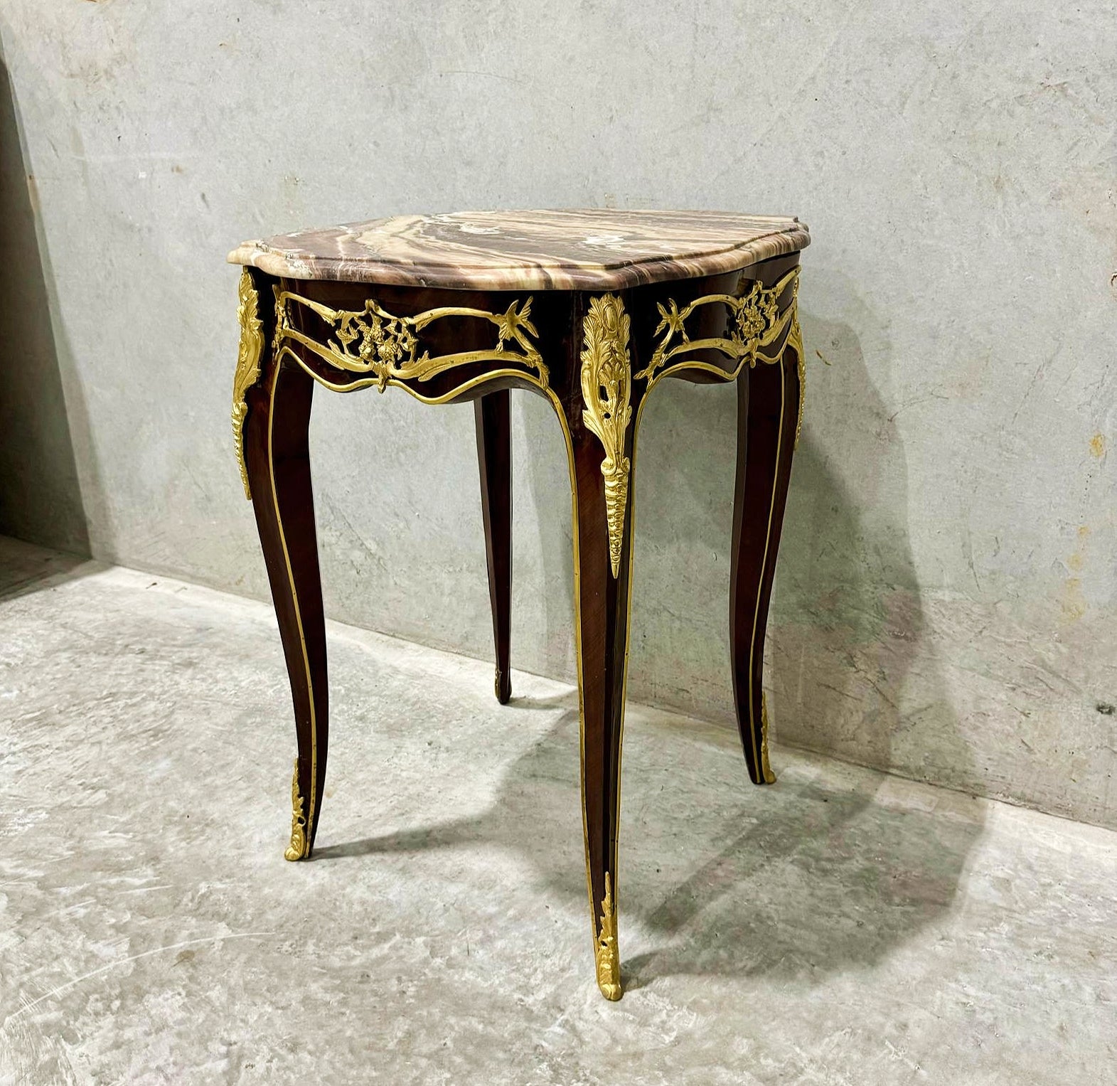 French Style Walnut Wood Louis XVI Small Side Table Marble Topped