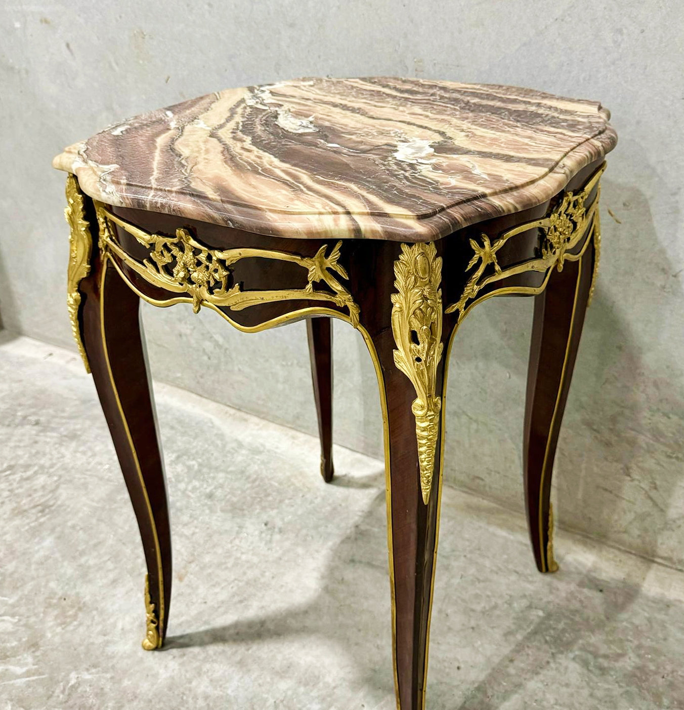 French Style Walnut Wood Louis XVI Small Side Table Marble Topped