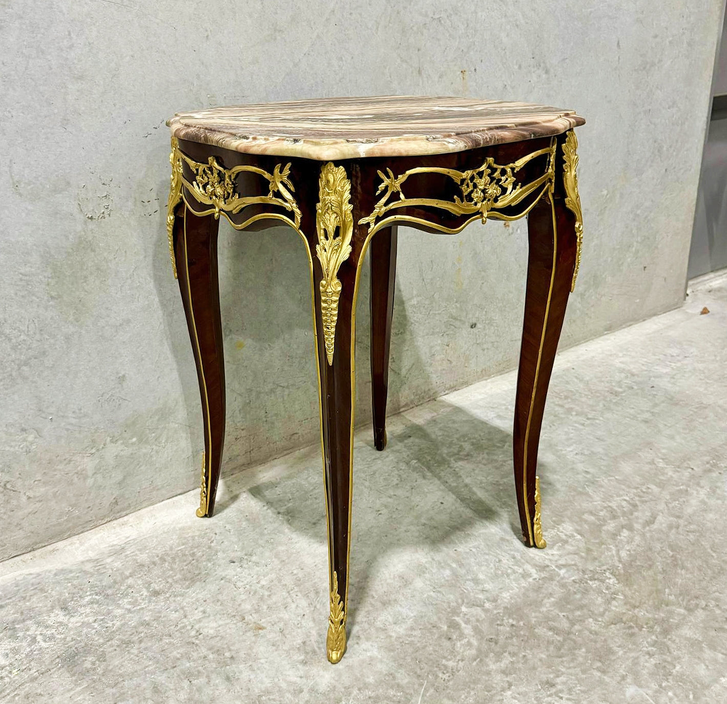 French Style Walnut Wood Louis XVI Small Side Table Marble Topped