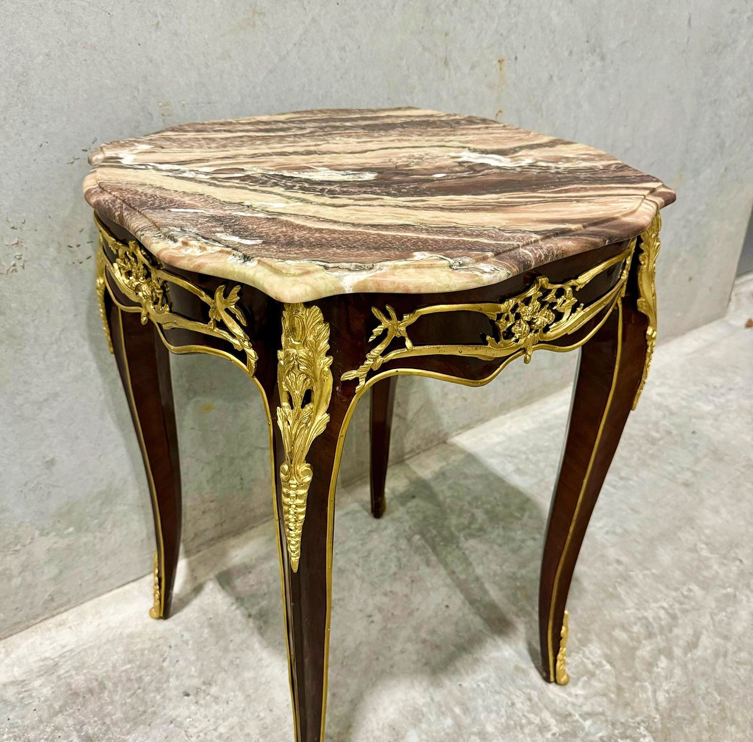 French Style Walnut Wood Louis XVI Small Side Table Marble Topped