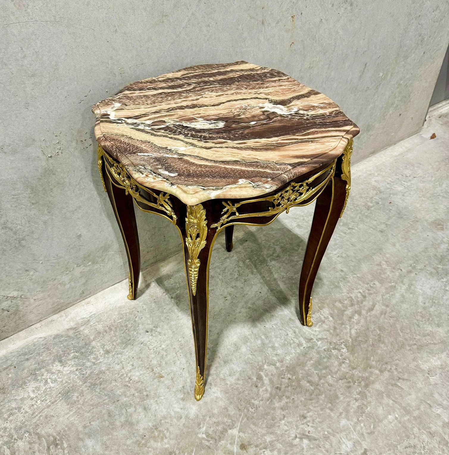 French Style Walnut Wood Louis XVI Small Side Table Marble Topped