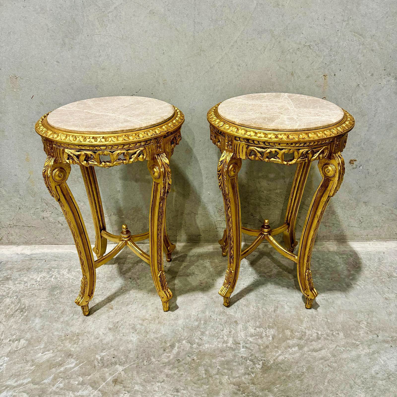 French Style Side Table Beige Marble Topped Gold Leaf Details Furniture Table