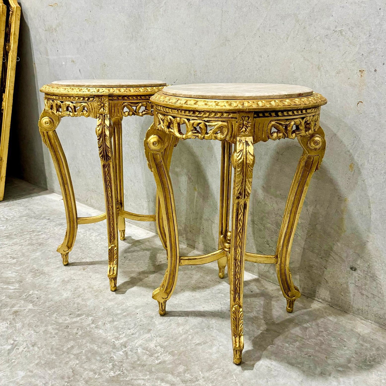 French Style Side Table Beige Marble Topped Gold Leaf Details Furniture Table