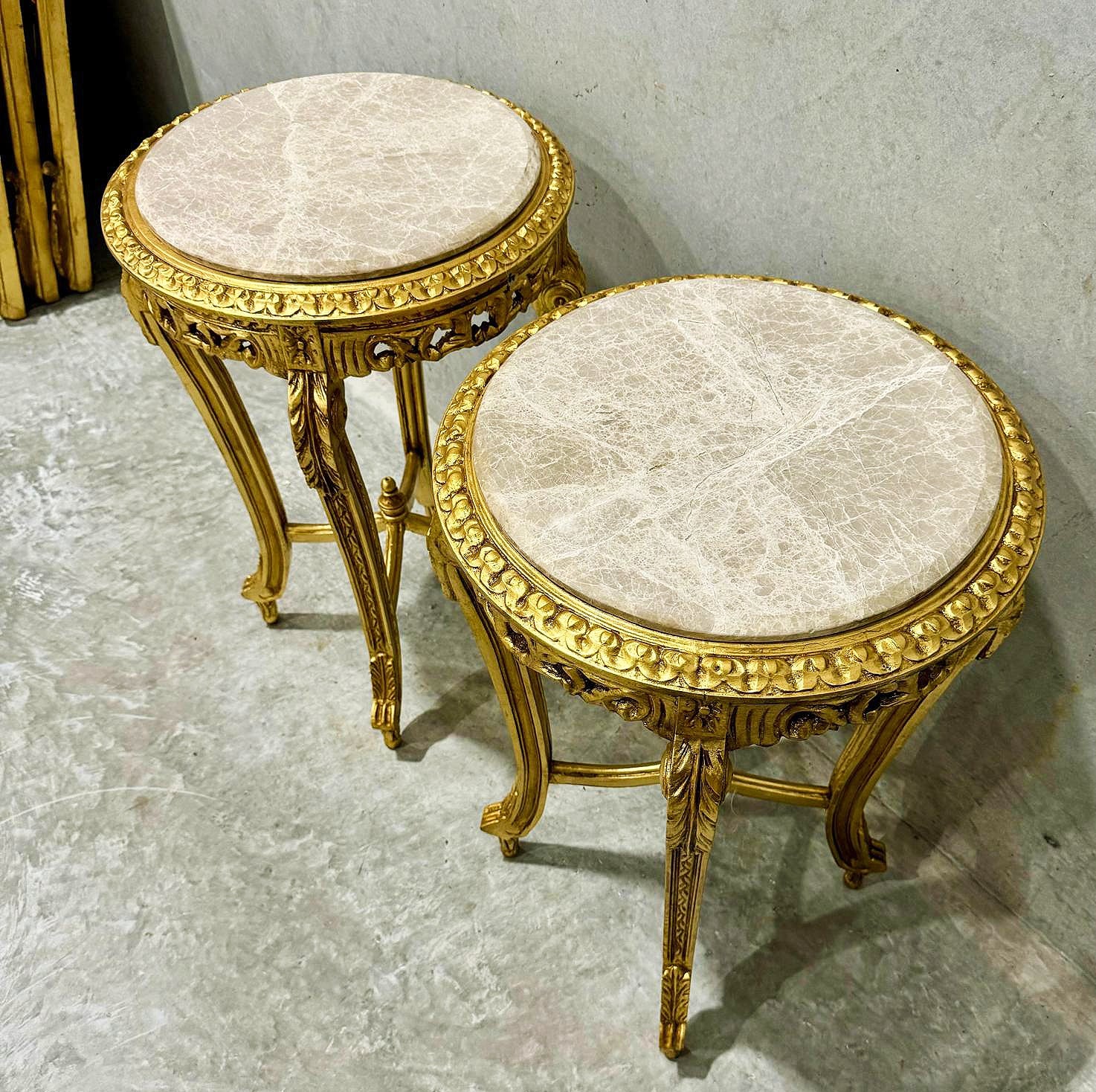 French Style Side Table Beige Marble Topped Gold Leaf Details Furniture Table