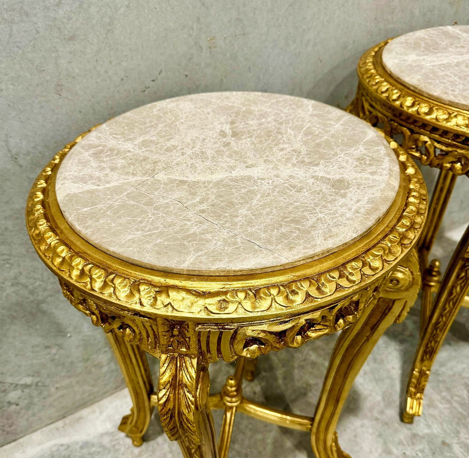 French Style Side Table Beige Marble Topped Gold Leaf Details Furniture Table