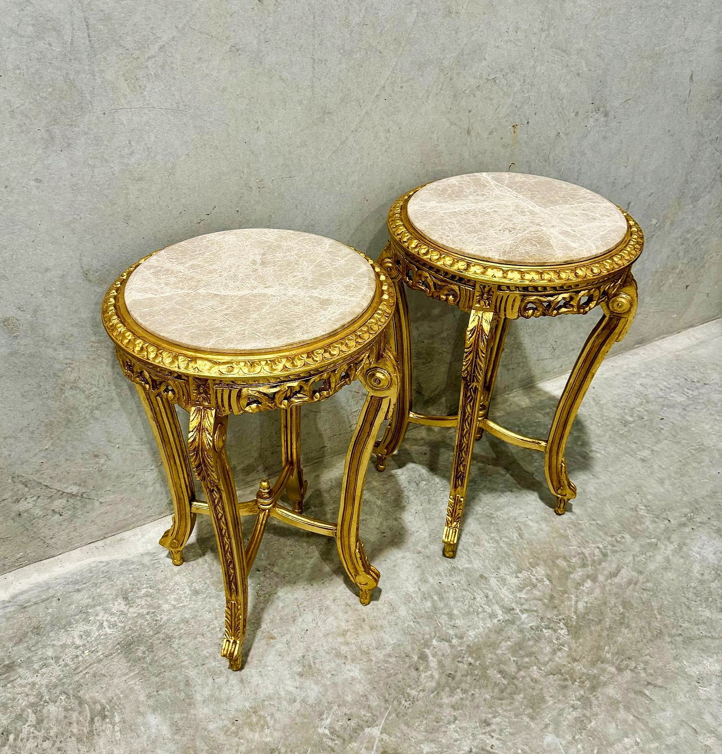 French Style Side Table Beige Marble Topped Gold Leaf Details Furniture Table