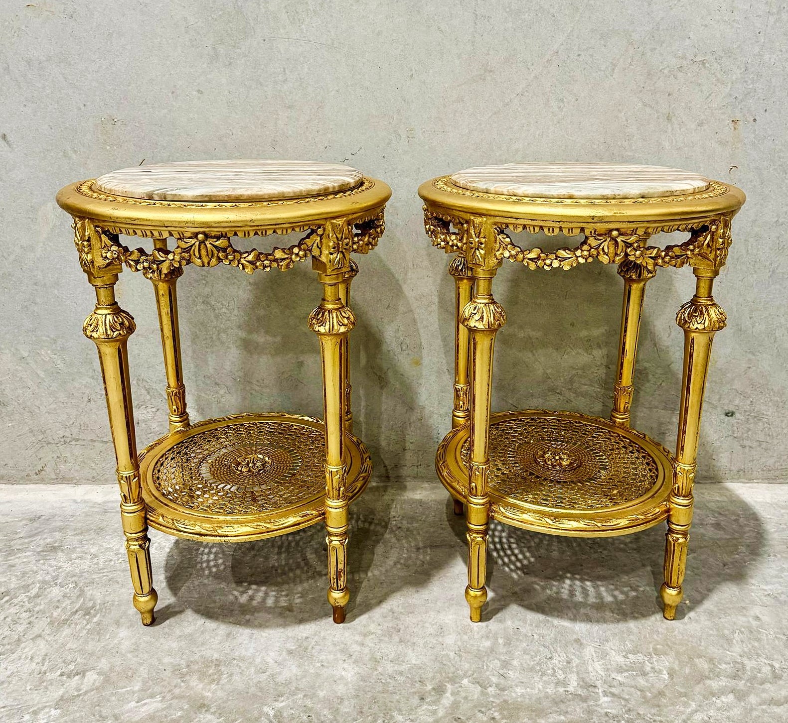 Side Table Beige Marble Topped French Style Gold Leaf Details