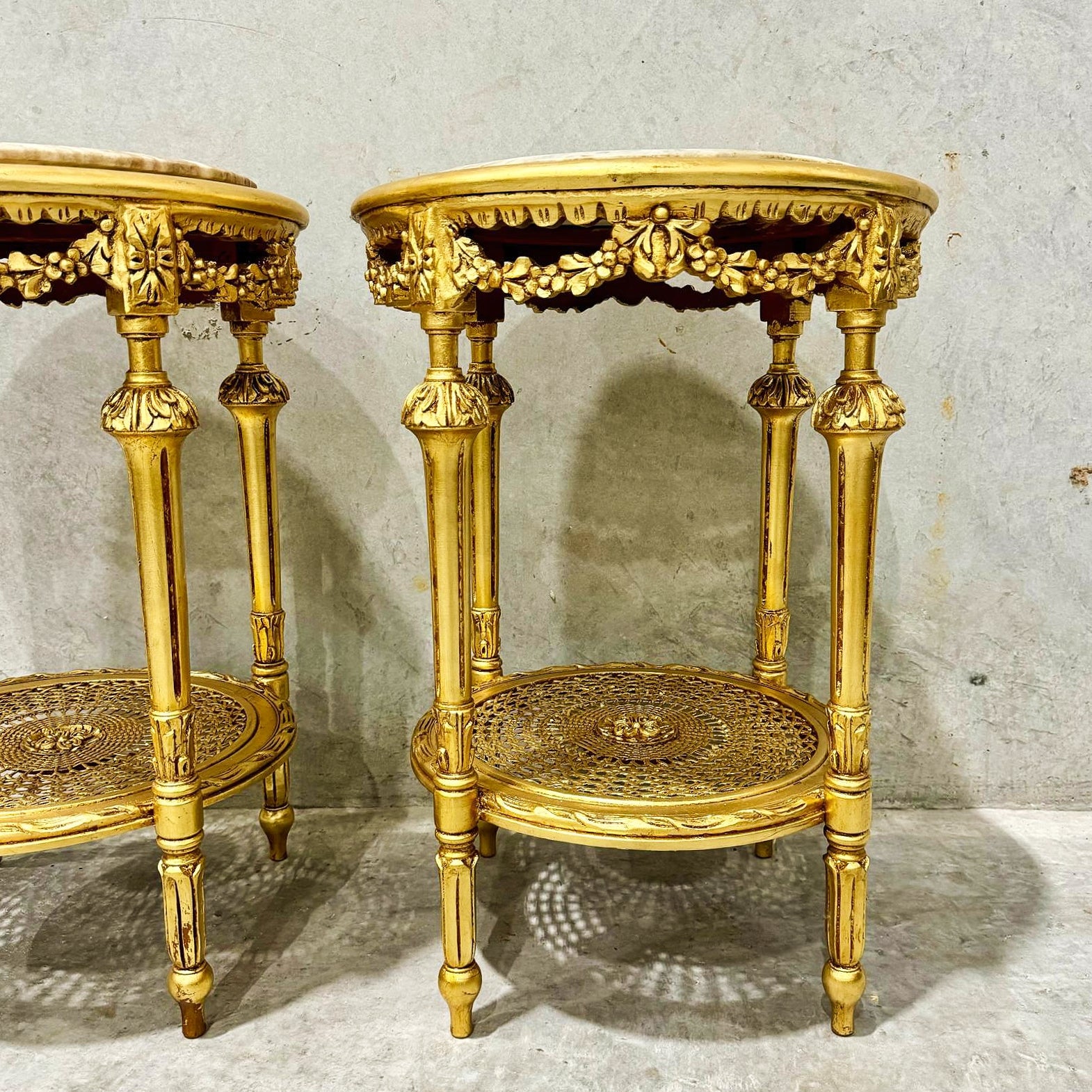 Side Table Beige Marble Topped French Style Gold Leaf Details