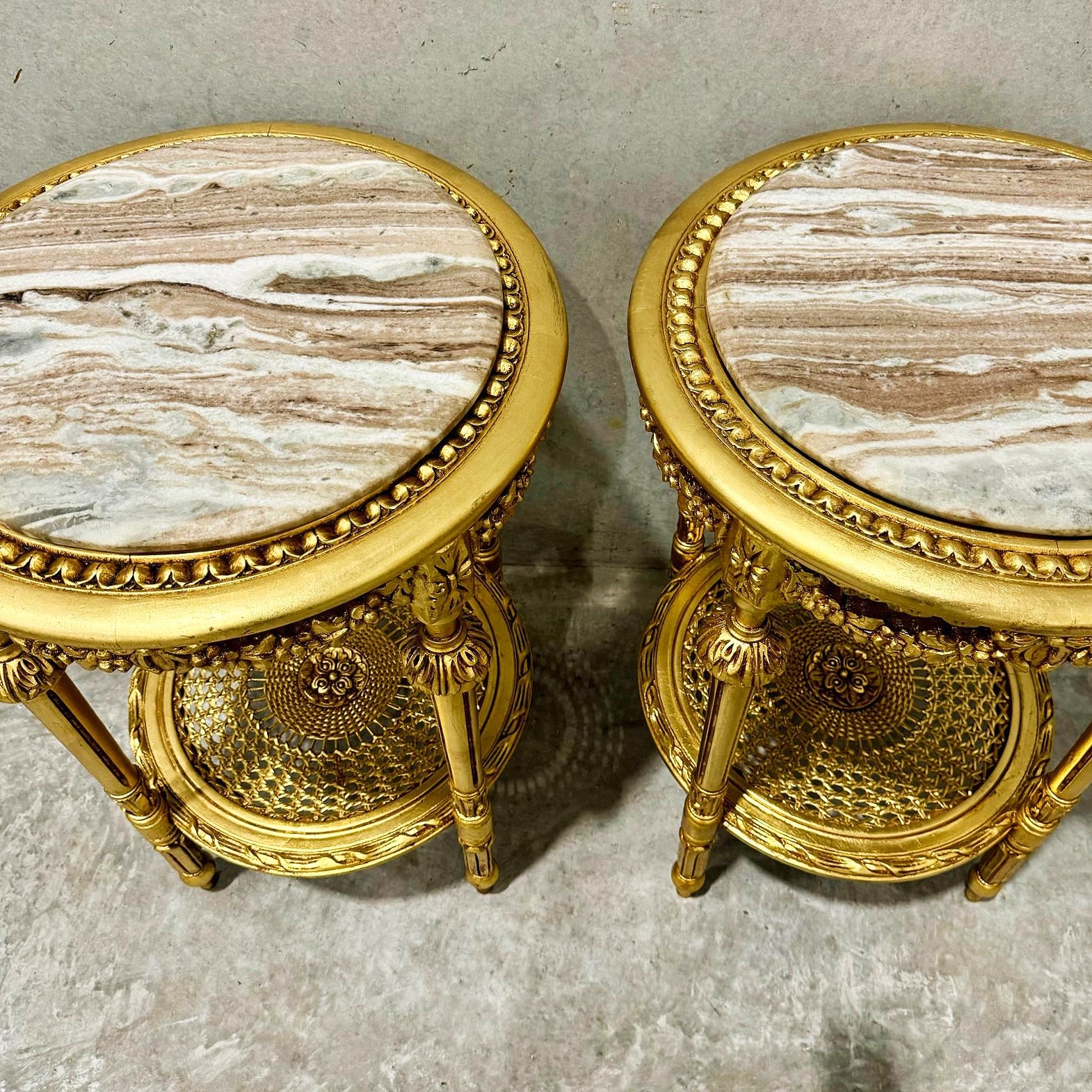Side Table Beige Marble Topped French Style Gold Leaf Details