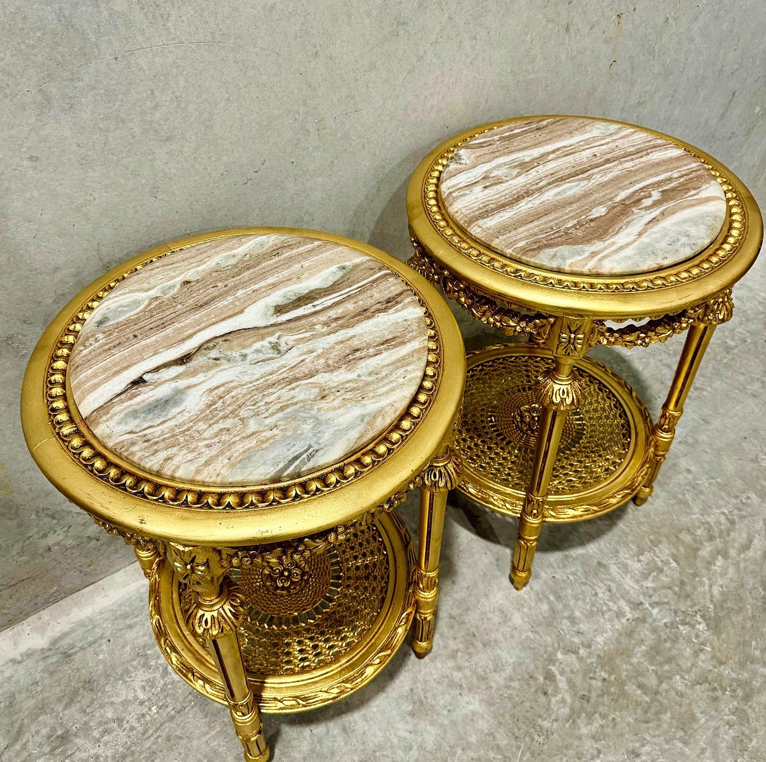 Side Table Beige Marble Topped French Style Gold Leaf Details