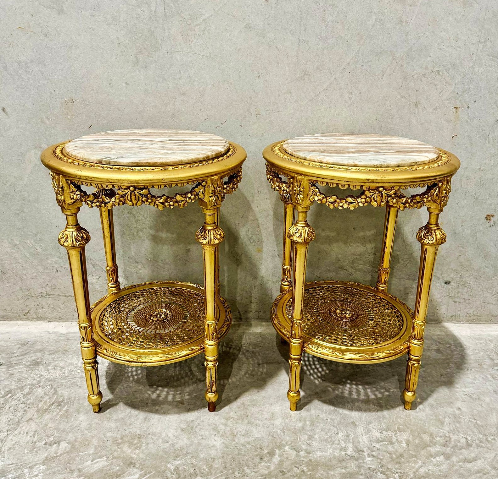 Side Table Beige Marble Topped French Style Gold Leaf Details